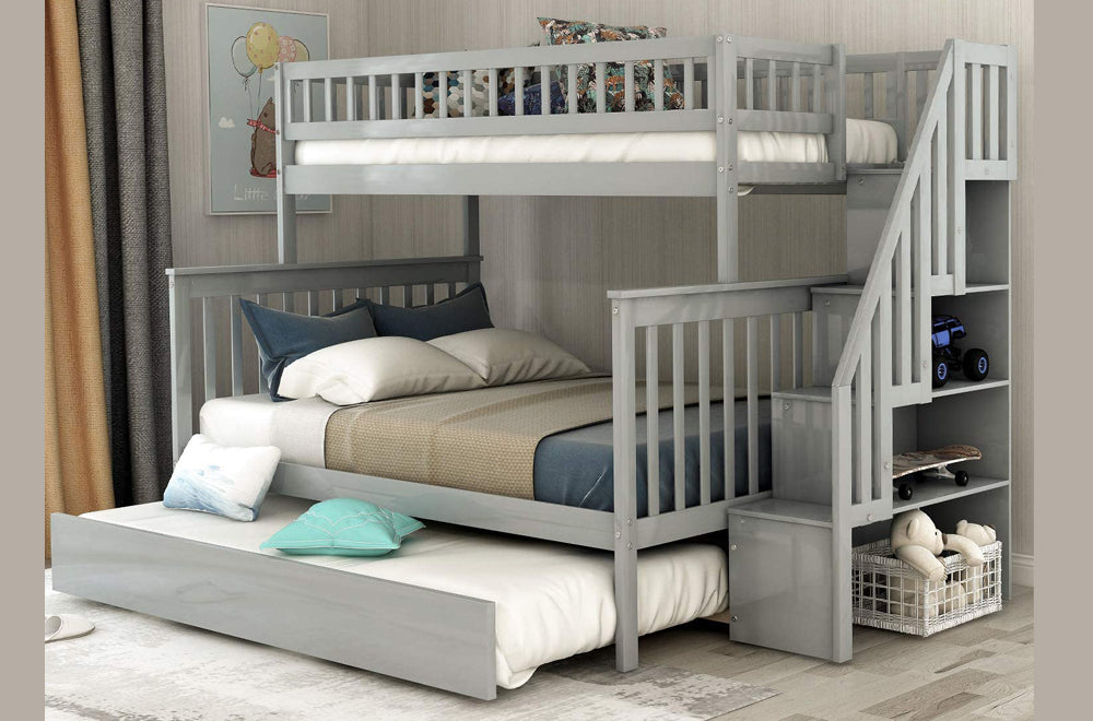 T2594G - Twin / Double Bunk Bed Frame with Trundle and Staircase in Grey by Titus Furniture