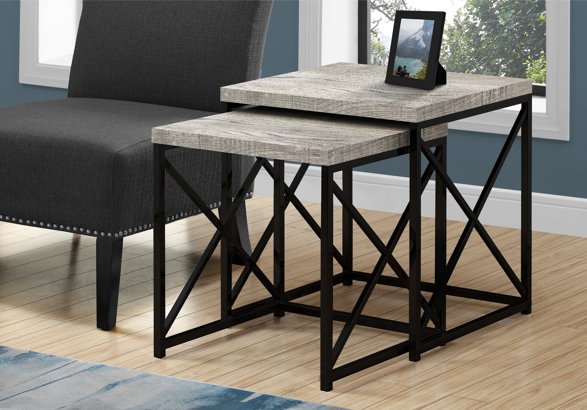 I 3414 - NESTING TABLE - 2PCS SET / GREY RECLAIMED WOOD / BLACK By Monarch Specialties Inc