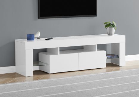 I 3548 - TV STAND - 63"L / HIGH GLOSSY WHITE WITH TEMPERED GLASS