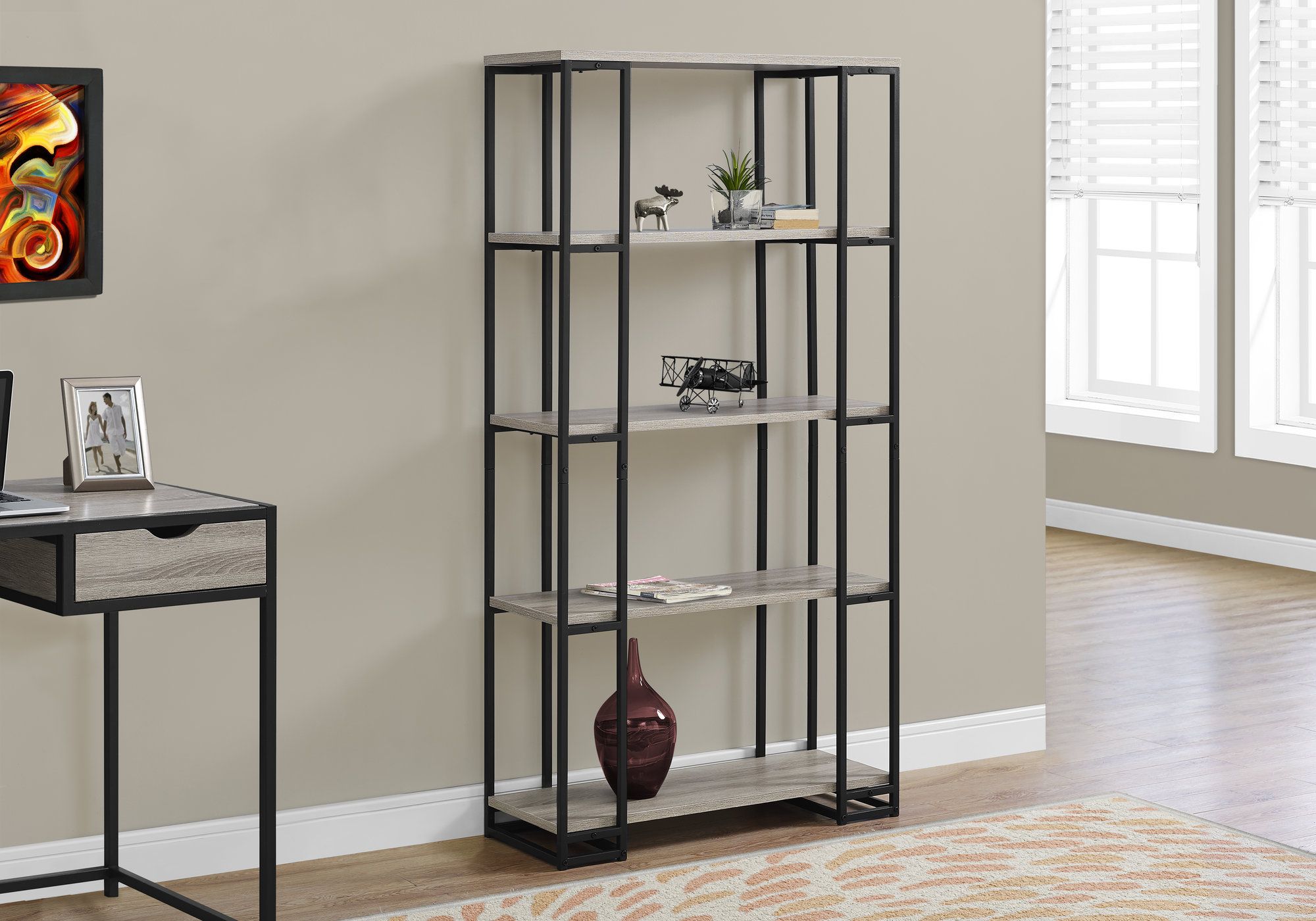 I 7241 - BOOKCASE - 60"H / DARK TAUPE / BLACK METAL BY MONARCH SPECIALTIES INC