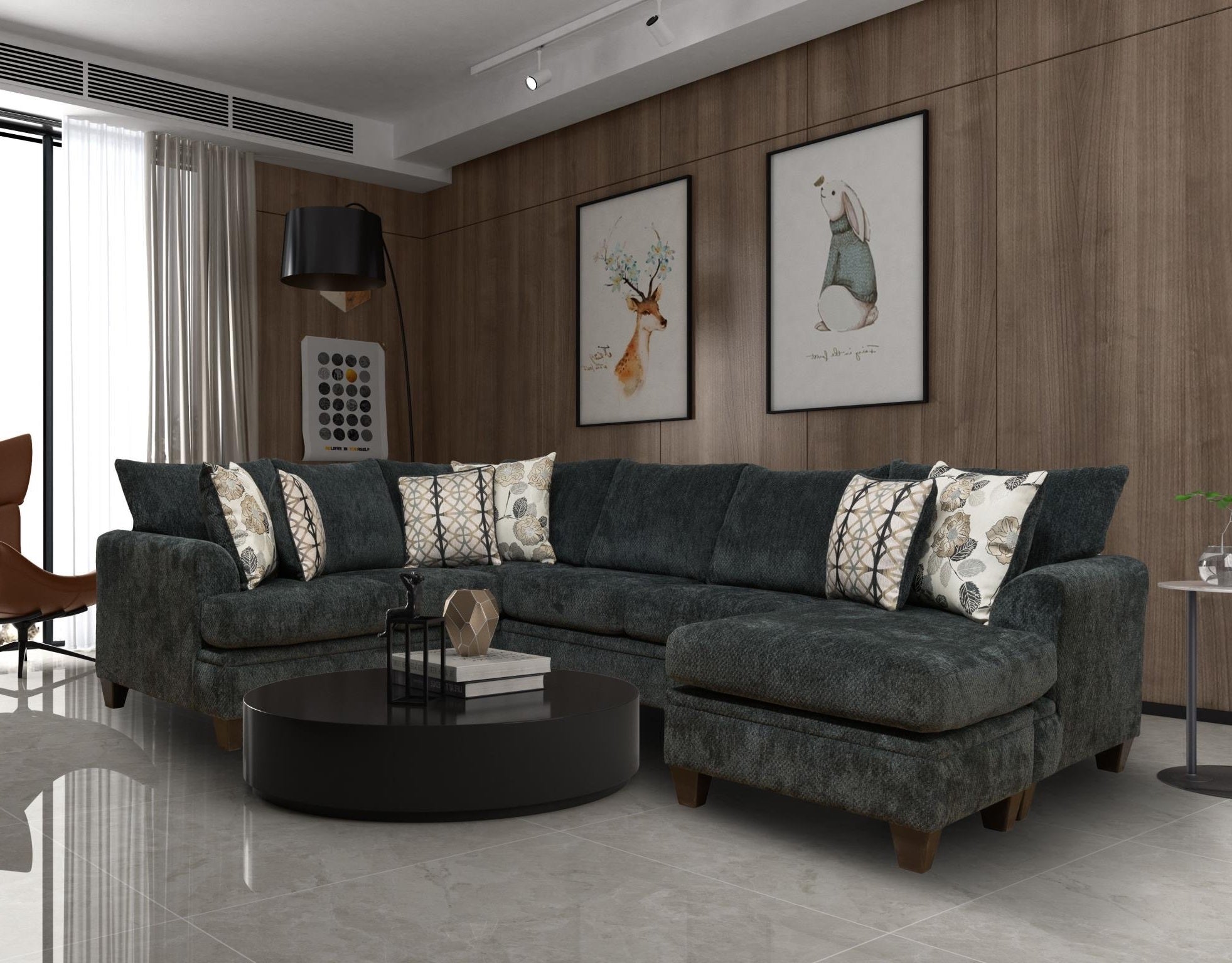 6140 - Fabric Sectional Sofa with Right Hand Facing Chaise in Charcoal