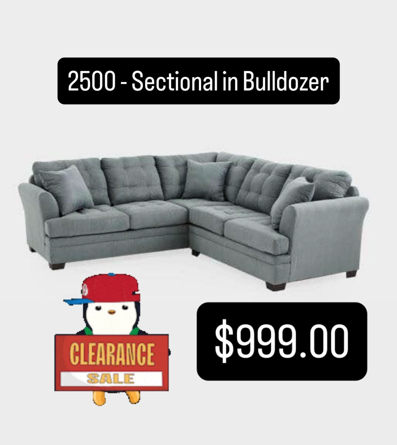 2500 - Sectional in Bulldozer with 3 Decorative Pillows
