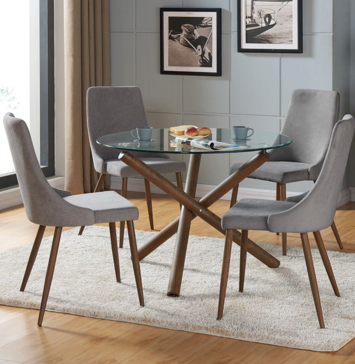 ROCCA/CORA 5PC DINING SET IN WALNUT WITH GREY CHAIR