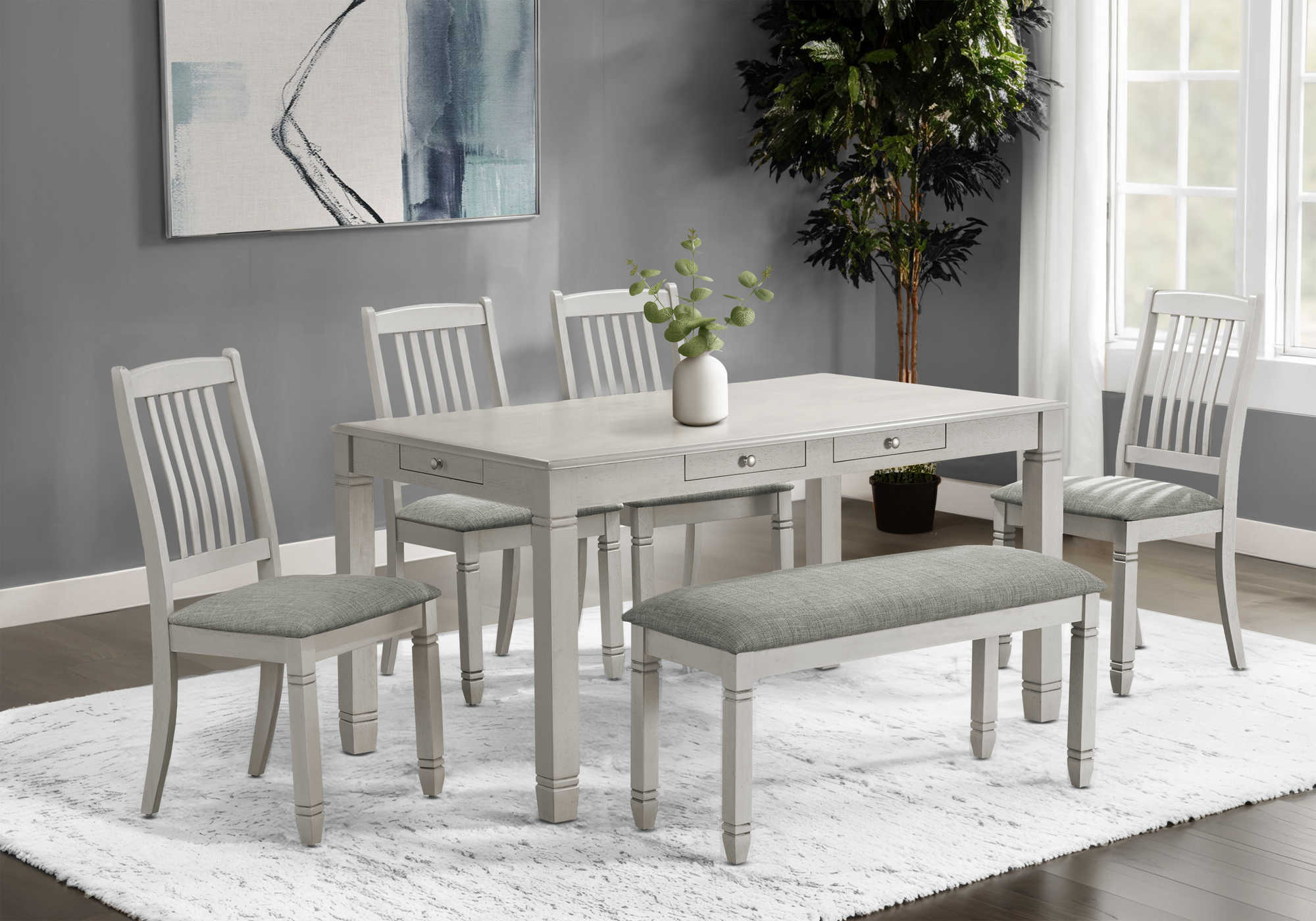 I 1255 / I 1256 / I 1257 - DINING TABLE - ANTIQUE GREY VENEER 36"X 60" / 4 DINING CHAIR - 38"H UPHOLSTERED GREY FABRIC / BENCH - 41"L / UPHOLSTERED GREY FABRIC
