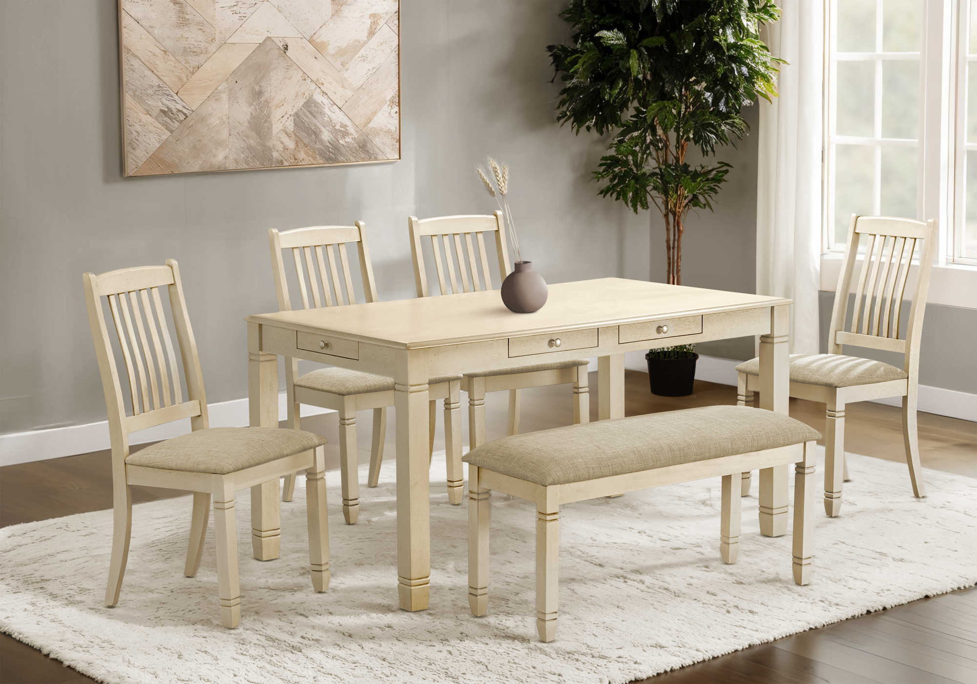I 1264 / I 1265 / I 1266 - DINING TABLE - ANTIQUE WHITE VENEER 36"X 60" / DINING CHAIR - 38"H UPHOLSTERED BEIGE FABRIC / BENCH - 41"L / UPHOLSTERED BEIGE FABRIC