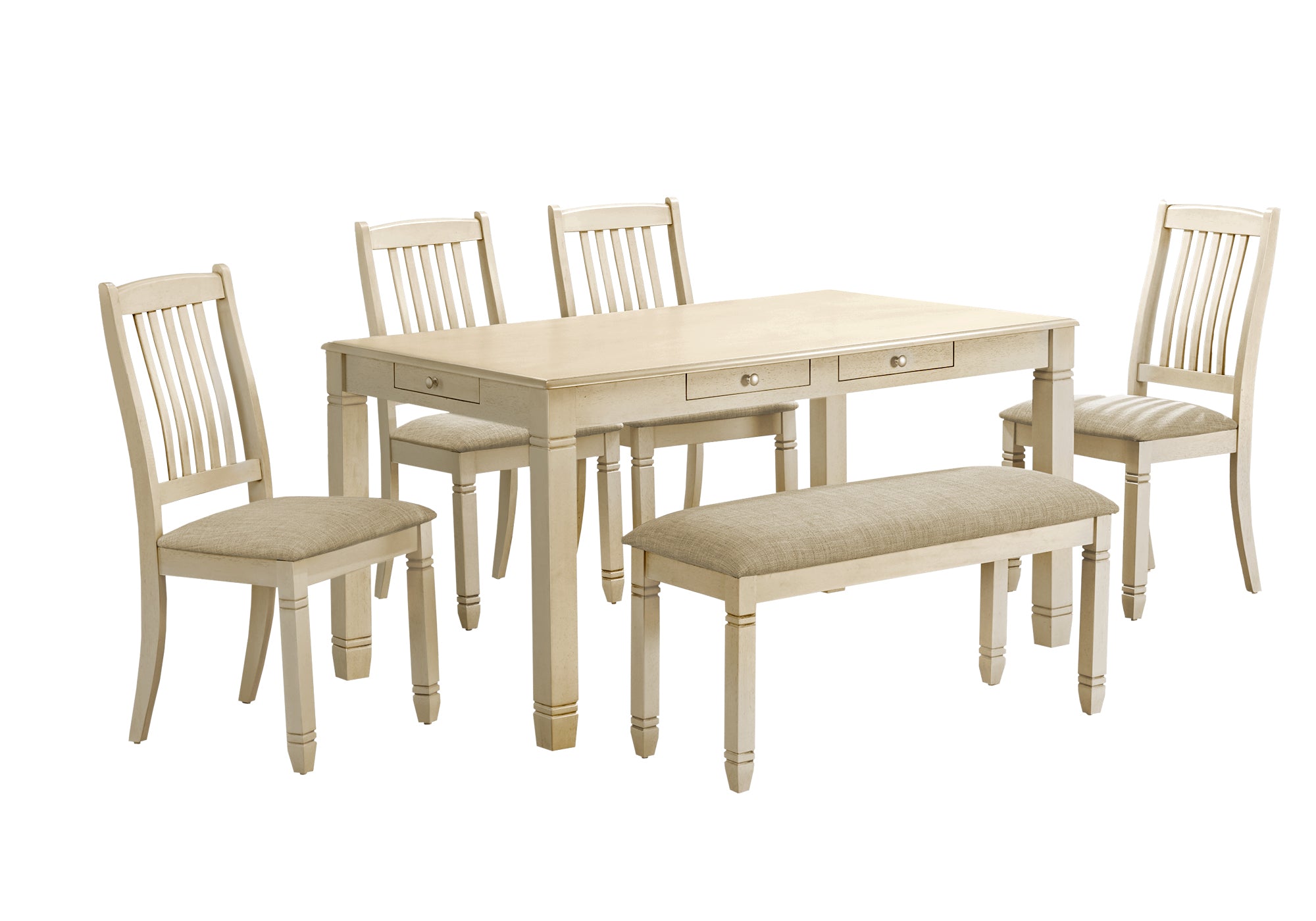 I 1264 / I 1265 / I 1266 - DINING TABLE - ANTIQUE WHITE VENEER 36"X 60" / DINING CHAIR - 38"H UPHOLSTERED BEIGE FABRIC / BENCH - 41"L / UPHOLSTERED BEIGE FABRIC