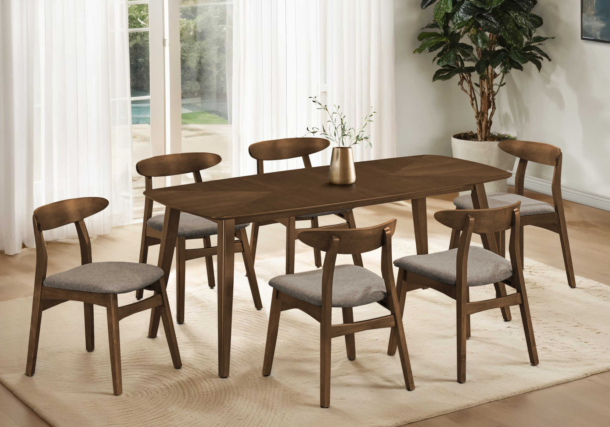 I 1364 / I 1365 - DINING TABLE - BROWN WALNUT VENEER / 36"X 72" & 6 DINING CHAIRS