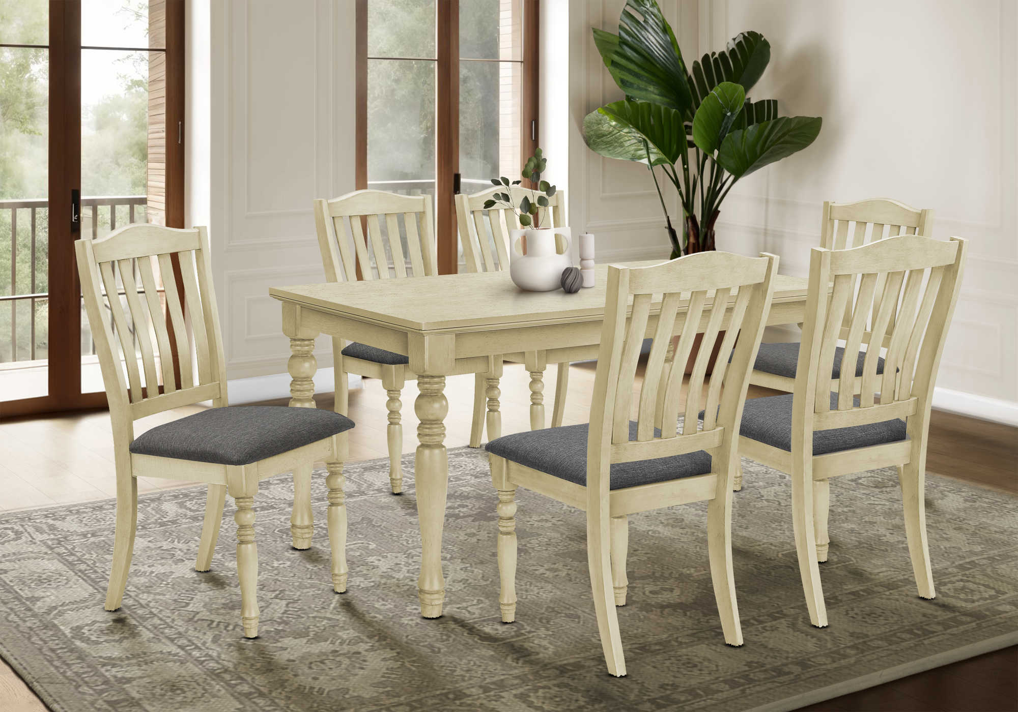 I 1390 / I 1392 - DINING TABLE - ANTIQUE GREY VENEER 36"X 60" & 6 DINING CHAIRS