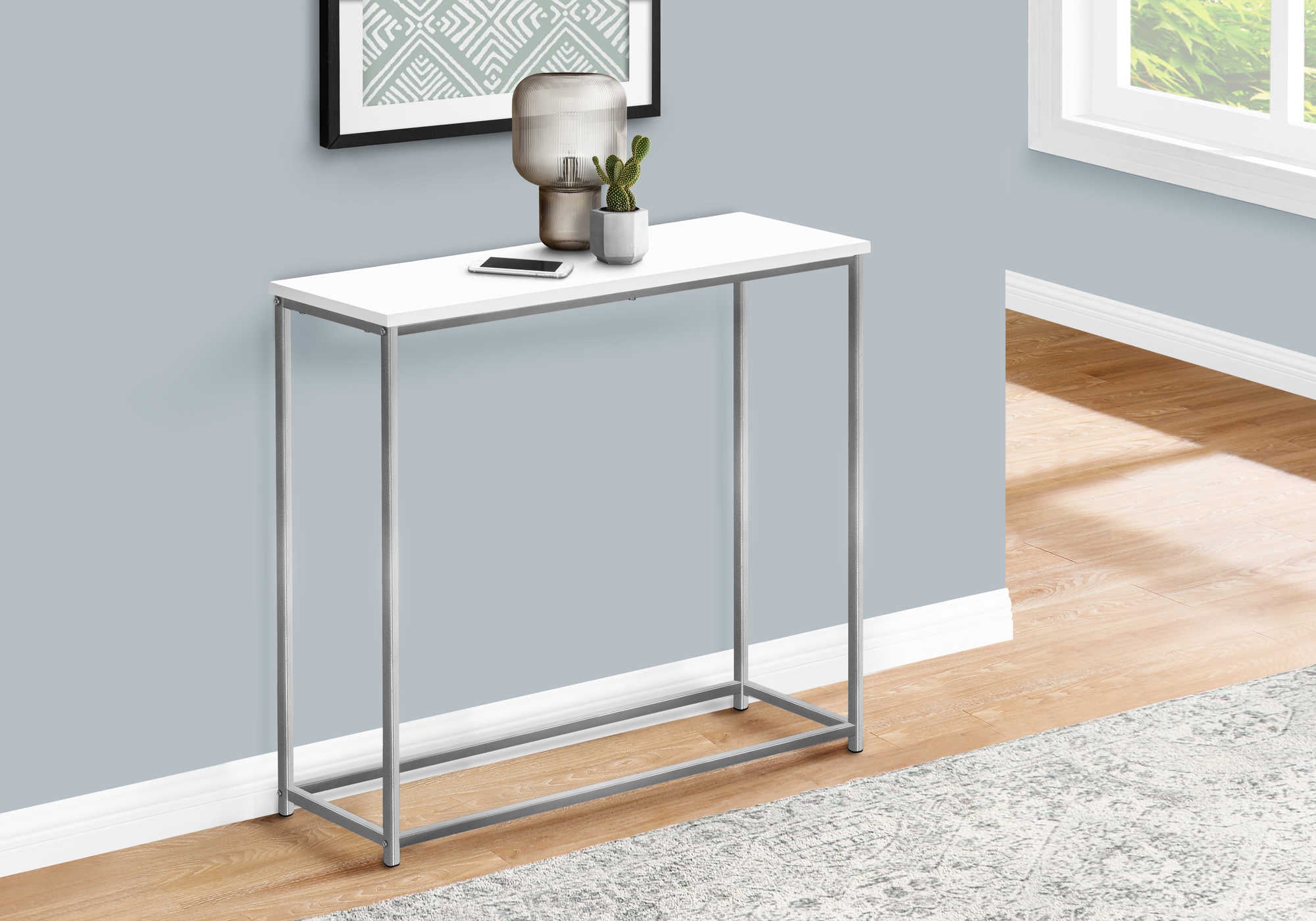 I 2256 - ACCENT TABLE - 32"L / WHITE / SILVER METAL CONSOLE