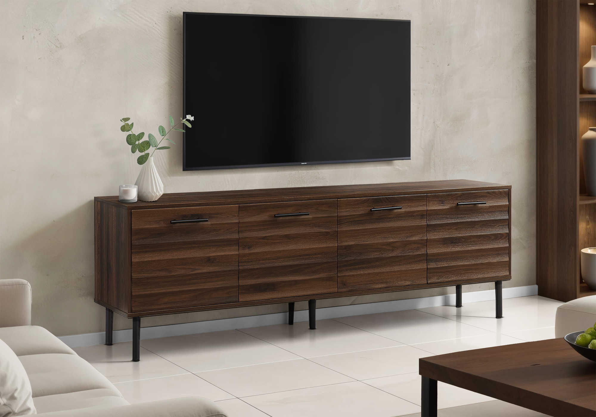 I 2727 - TV STAND - 72"L / DARK BROWN WOOD-LOOK WITH 4 DOORS
