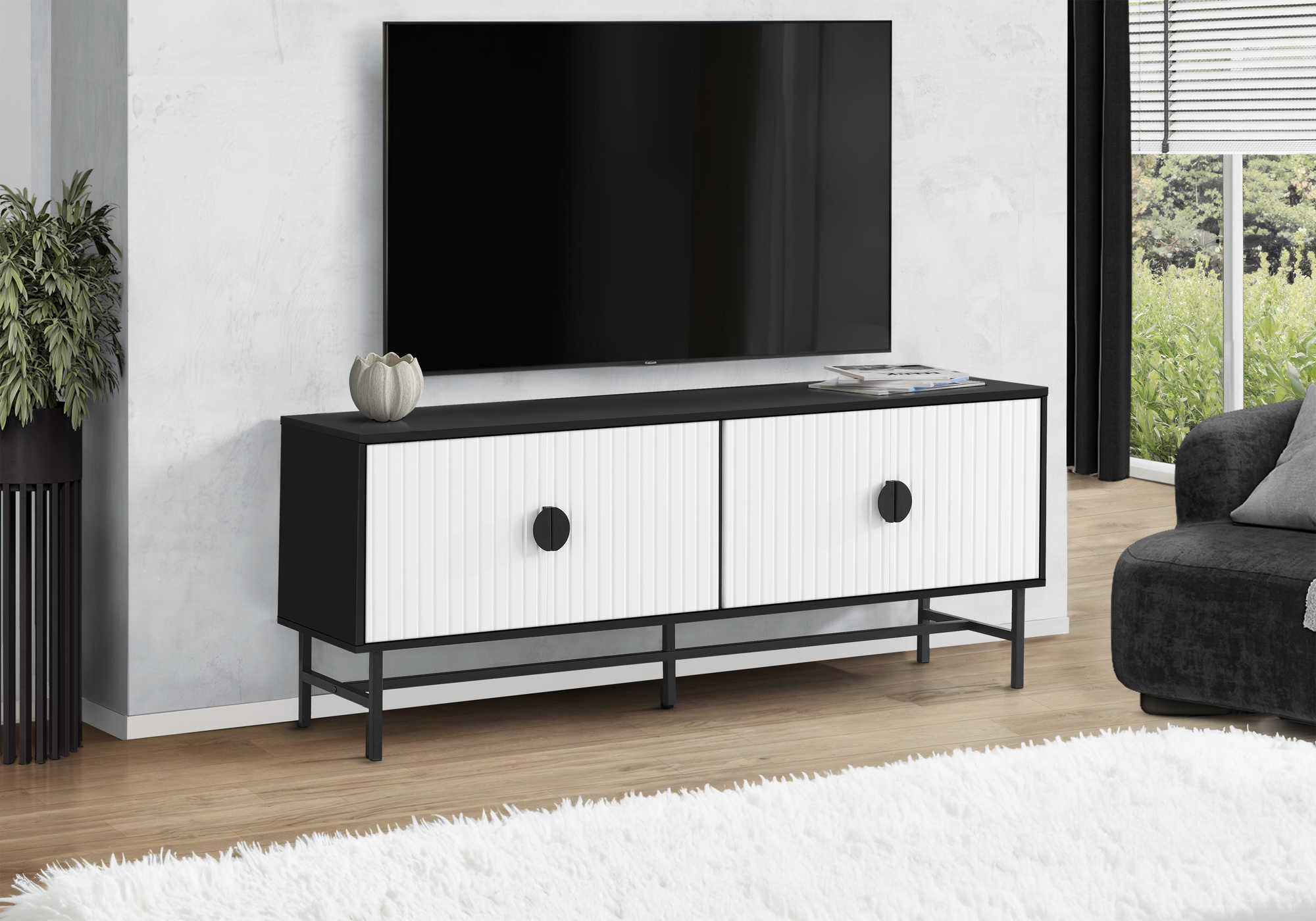 I 2732 - TV STAND - 60"L / BLACK / WHITE DOORS WITH BLACK METAL