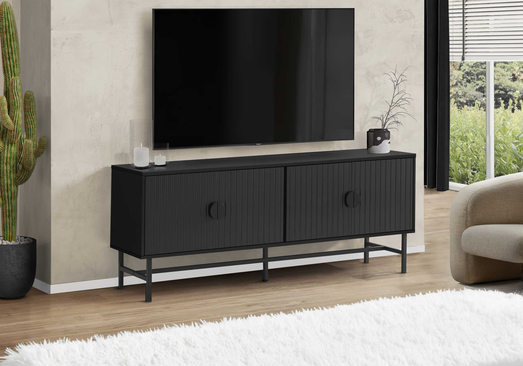 I 2733 - TV STAND - 60"L / BLACK WITH BLACK METAL