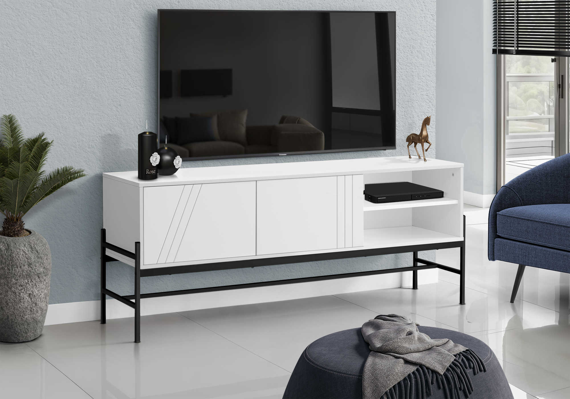 I 2738 - TV STAND - 60"L / WHITE / BLACK METAL WITH STORAGE