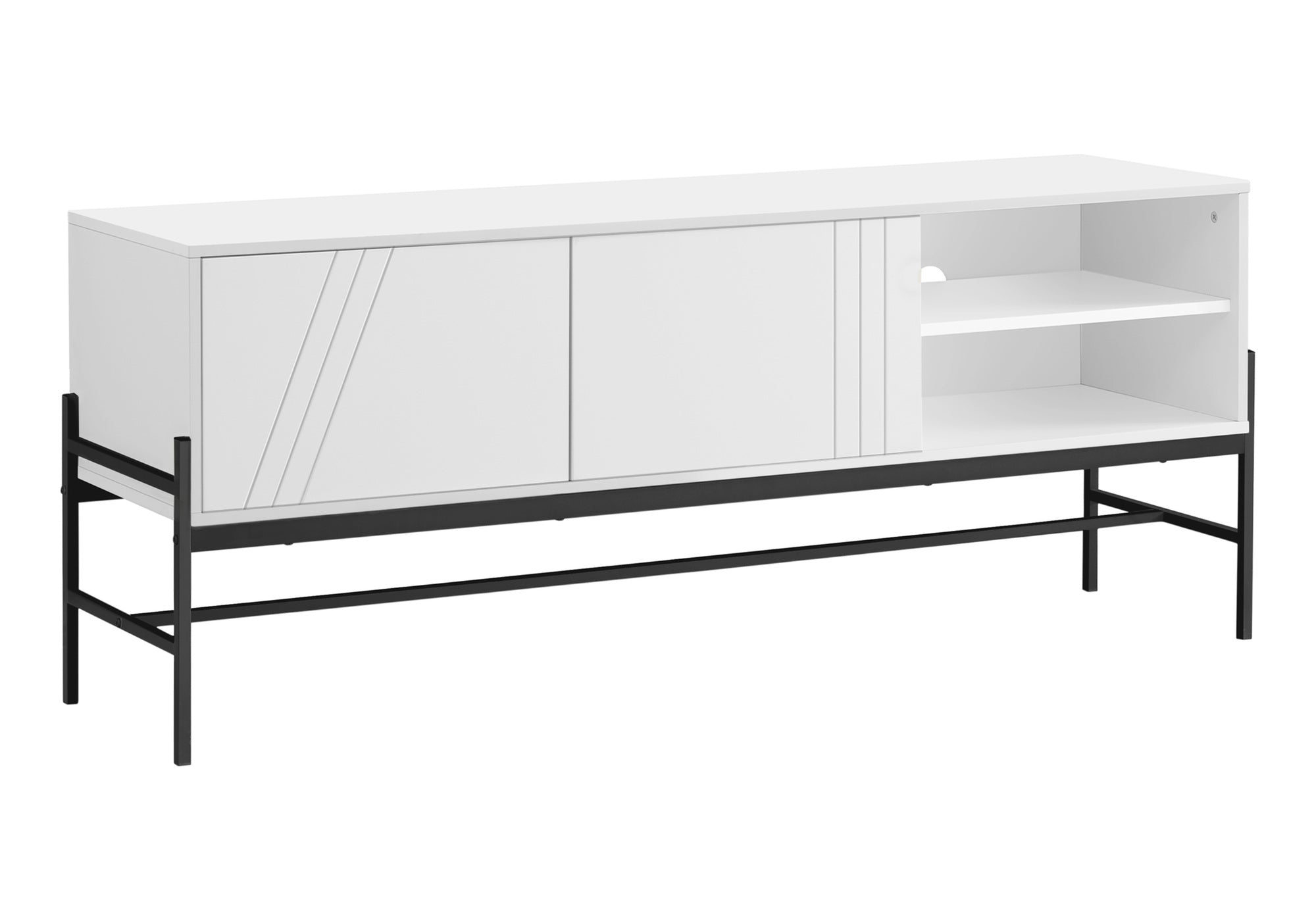 I 2738 - TV STAND - 60"L / WHITE / BLACK METAL WITH STORAGE