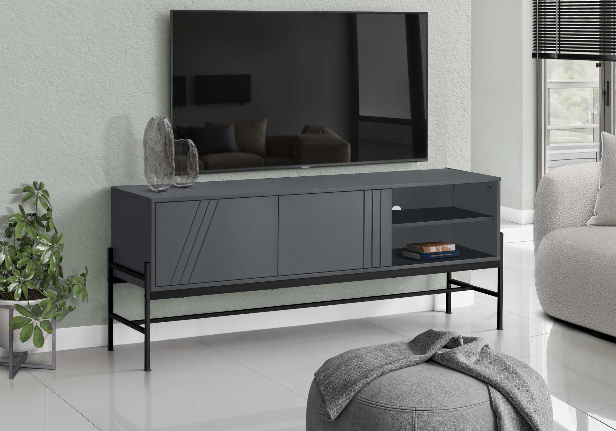 I 2739 - TV STAND - 60"L / GREY / BLACK METAL WITH STORAGE