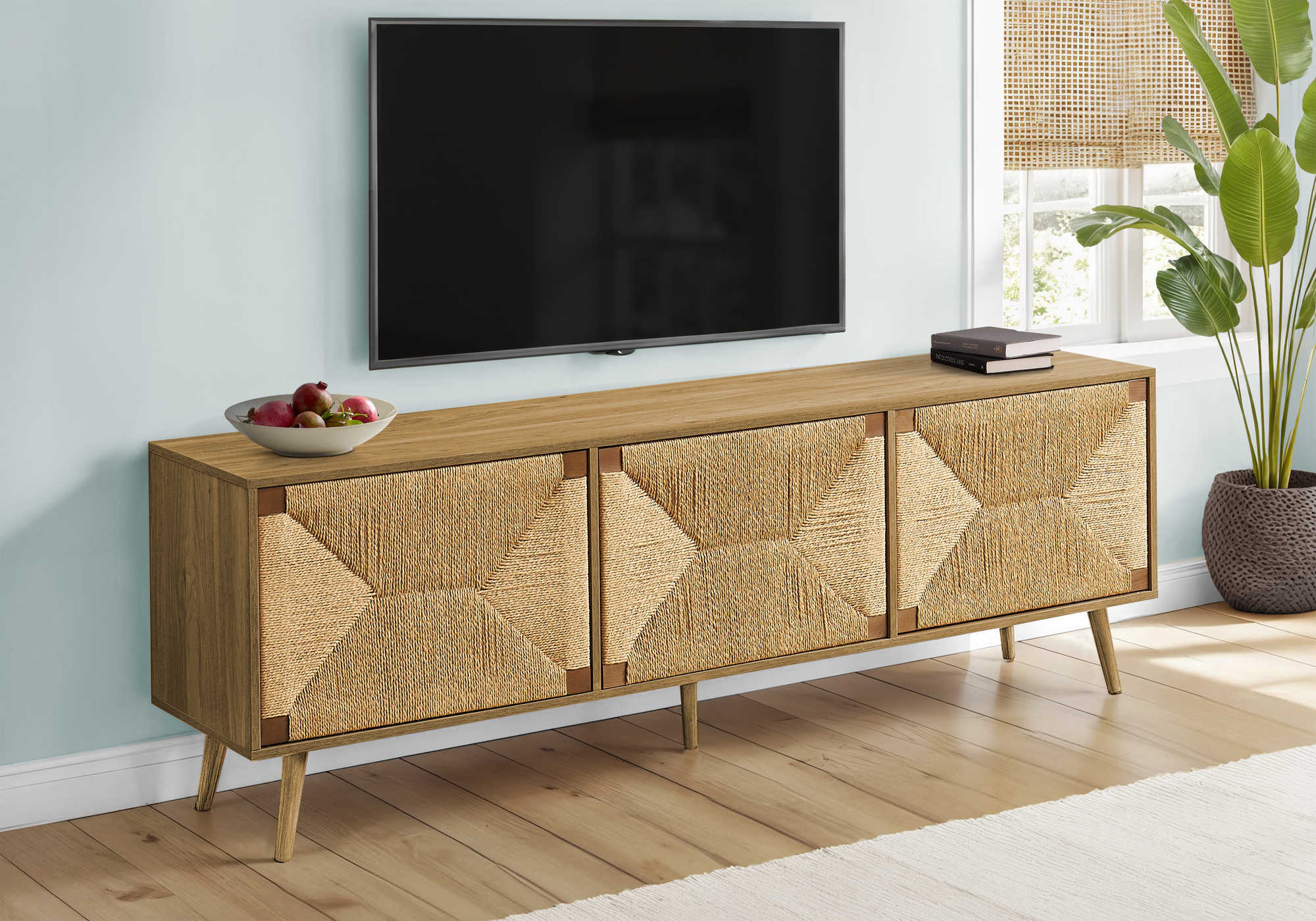 I 2793 - TV STAND - 72"L / LIGHT WALNUT / SEAGRASS-LOOK WITH 3 DOORS