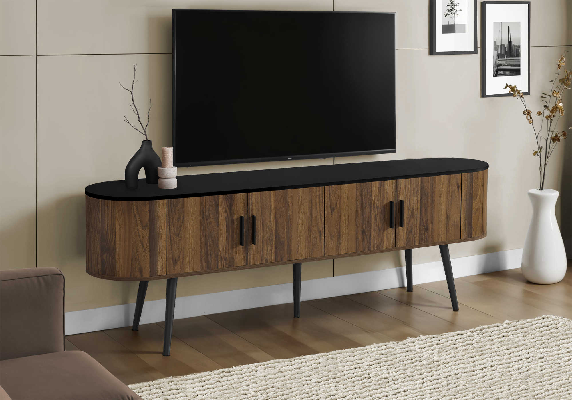 I 2798 - TV STAND - 72"L / BLACK WITH 4 BROWN WOOD-LOOK DOORS