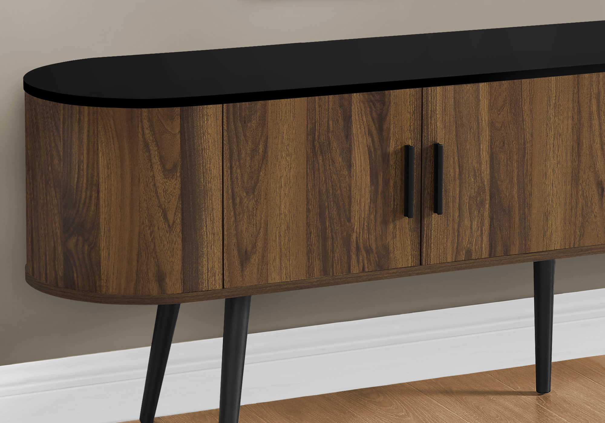 I 2798 - TV STAND - 72"L / BLACK WITH 4 BROWN WOOD-LOOK DOORS