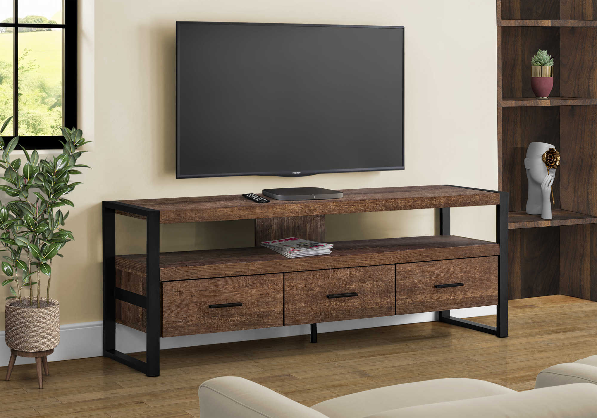 I 2820 - TV STAND - 60"L / BROWN RECLAIMED WOOD-LOOK / 3 DRAWERS