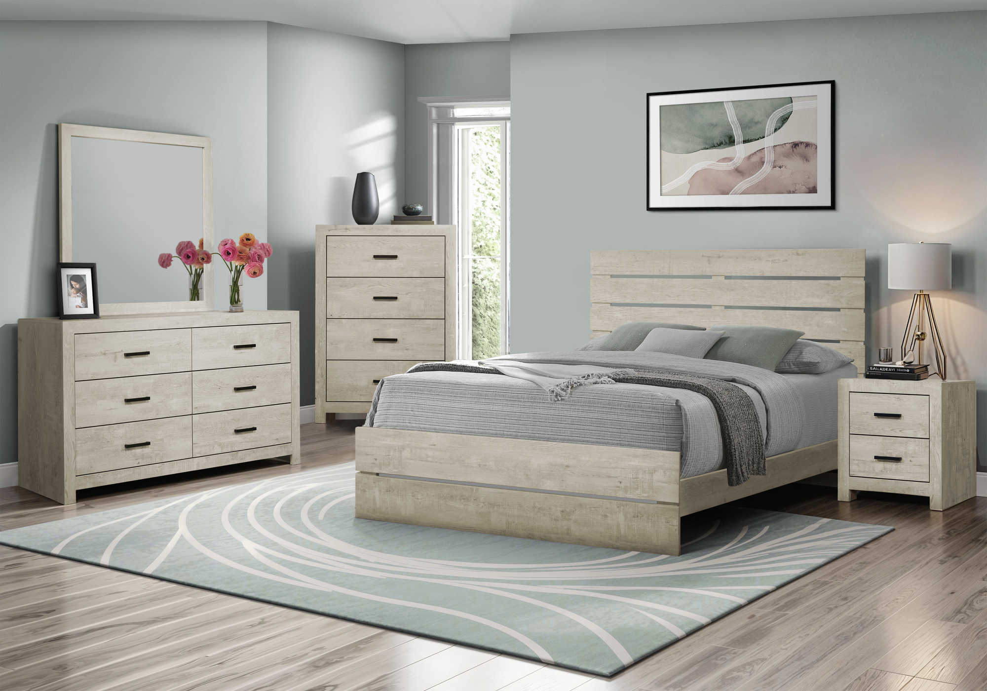 BEDROOM SET - 5Pc - BEDROOM SET - QUEEN SIZE / BLEACHED OAK FINISH