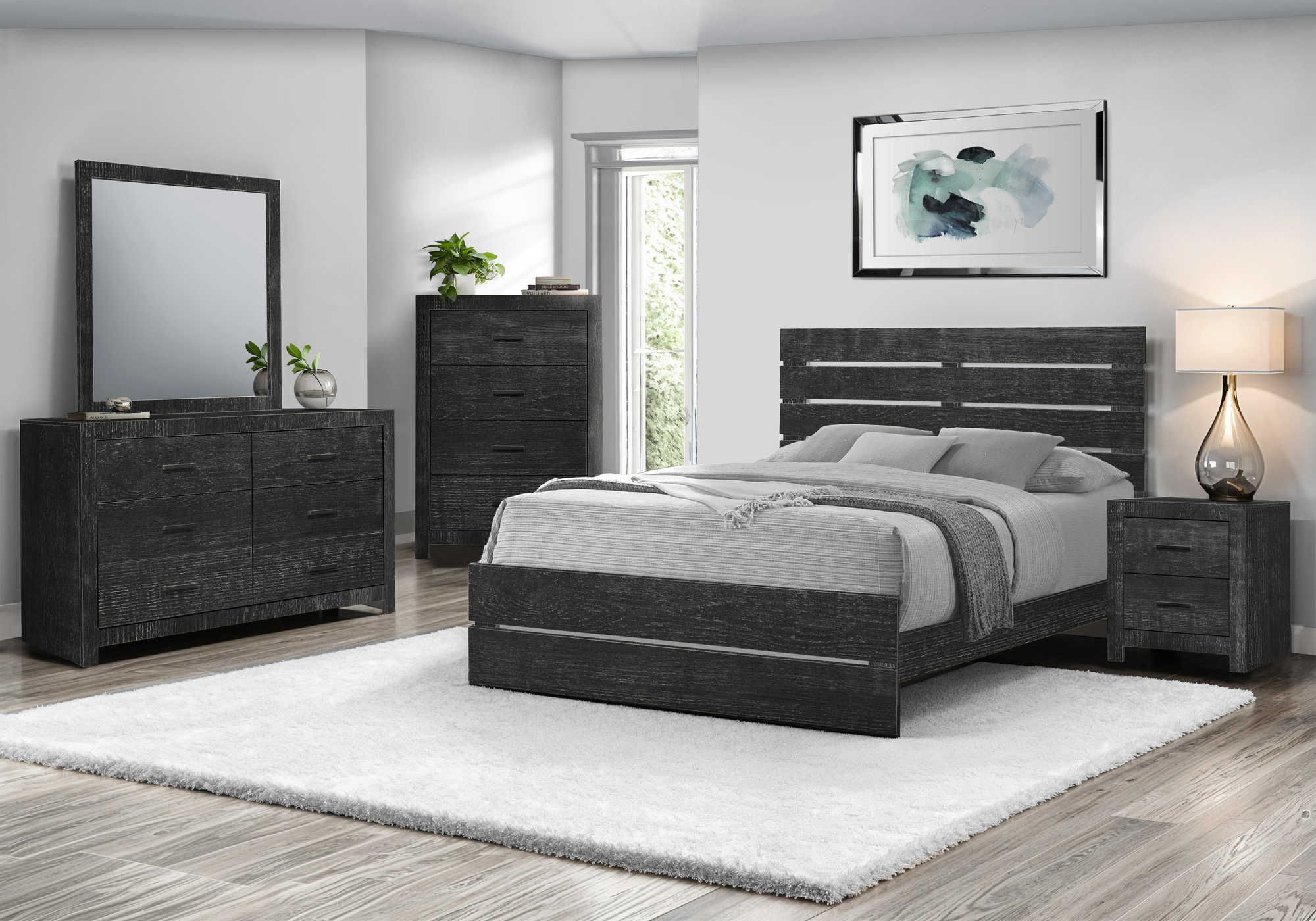 BEDROOM SET - 5Pc - QUEEN SIZE / GRAPHITE GREY WOOD FINISH