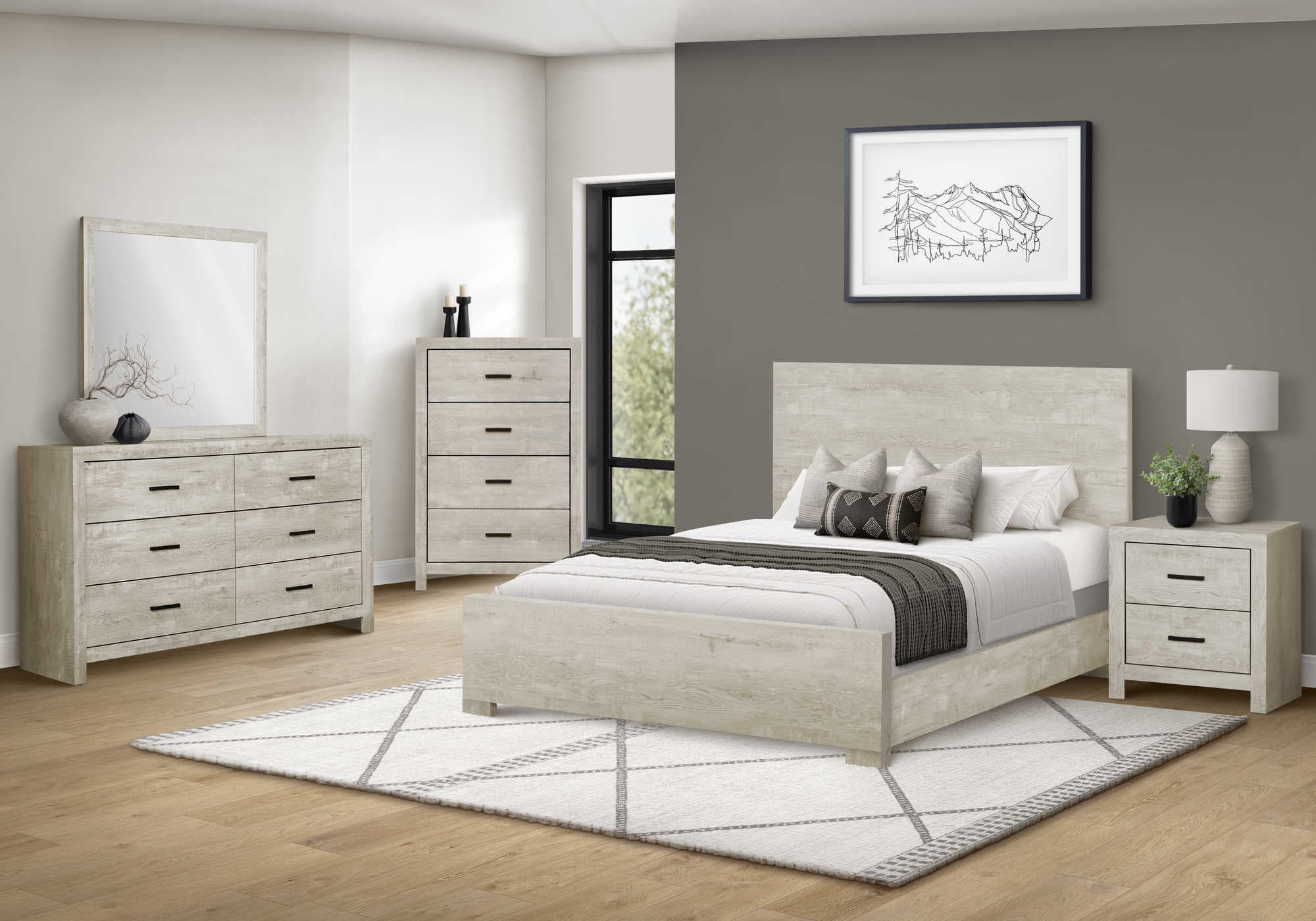 BEDROOM SET - 5Pc - QUEEN SIZE / BLEACHED OAK FINISH