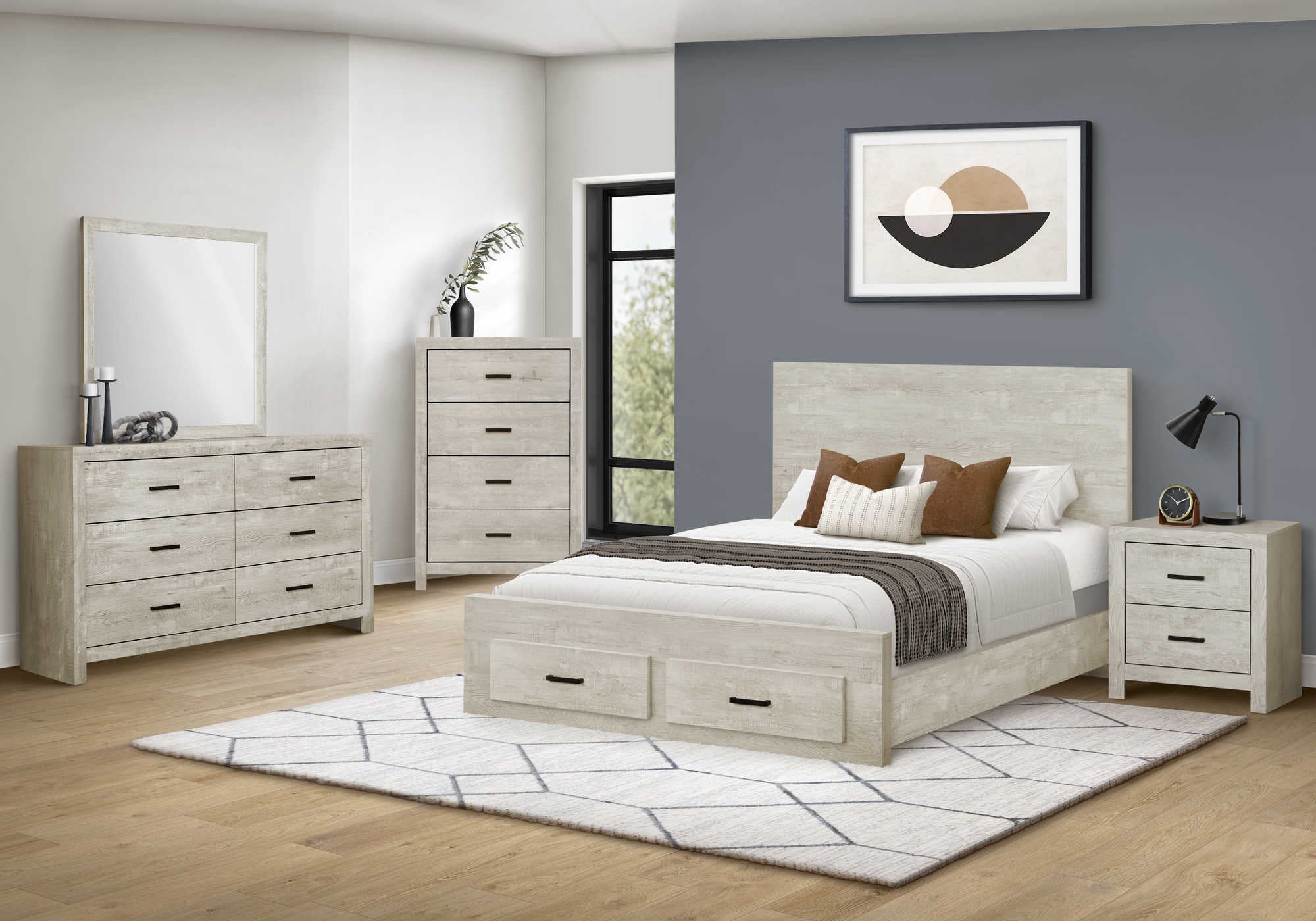BEDROOM SET - 5Pc - QUEEN SIZE / BLEACHED OAK FINISH