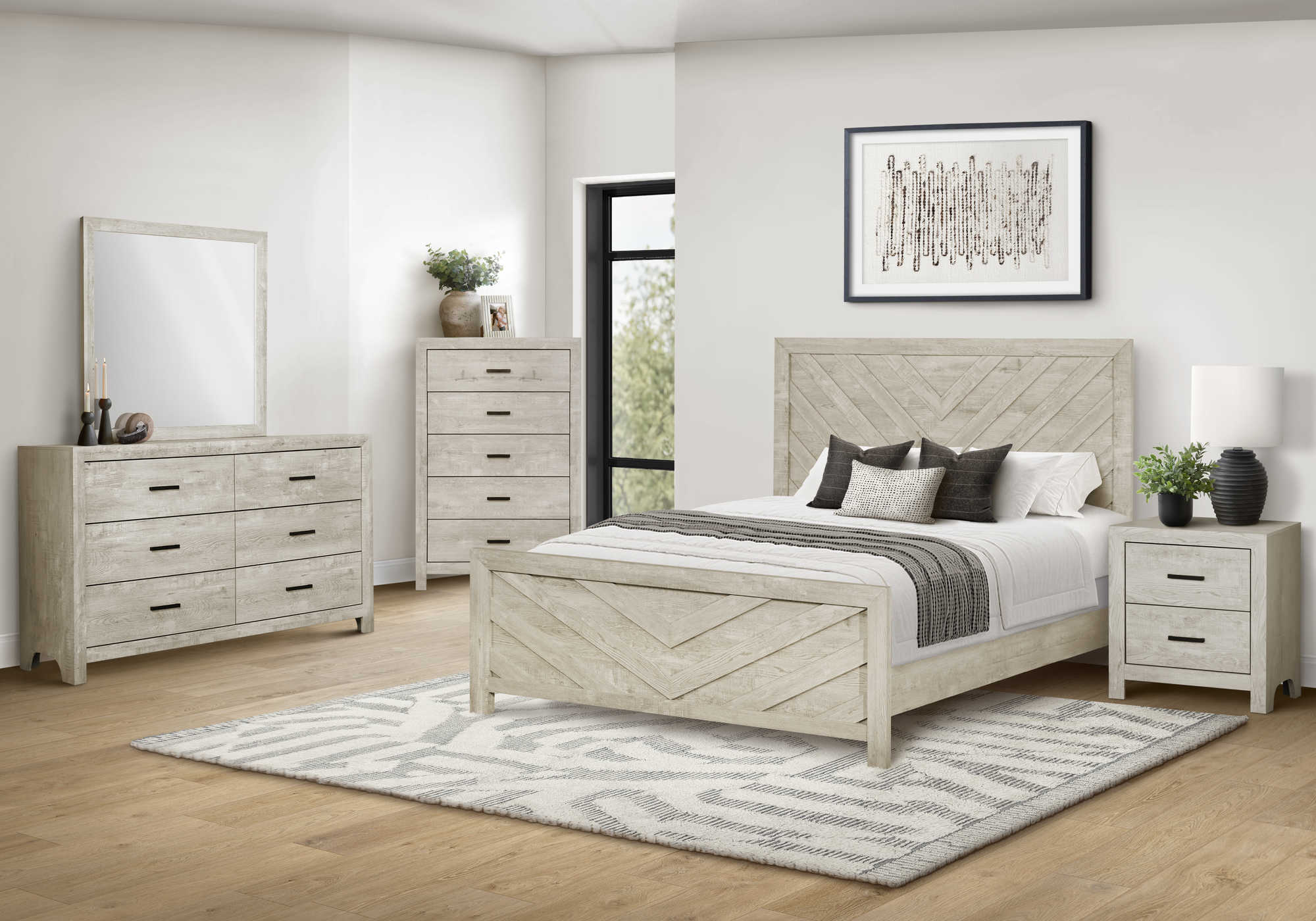 BEDROOM SET - 5Pc - QUEEN SIZE / BLEACHED OAK FINISH