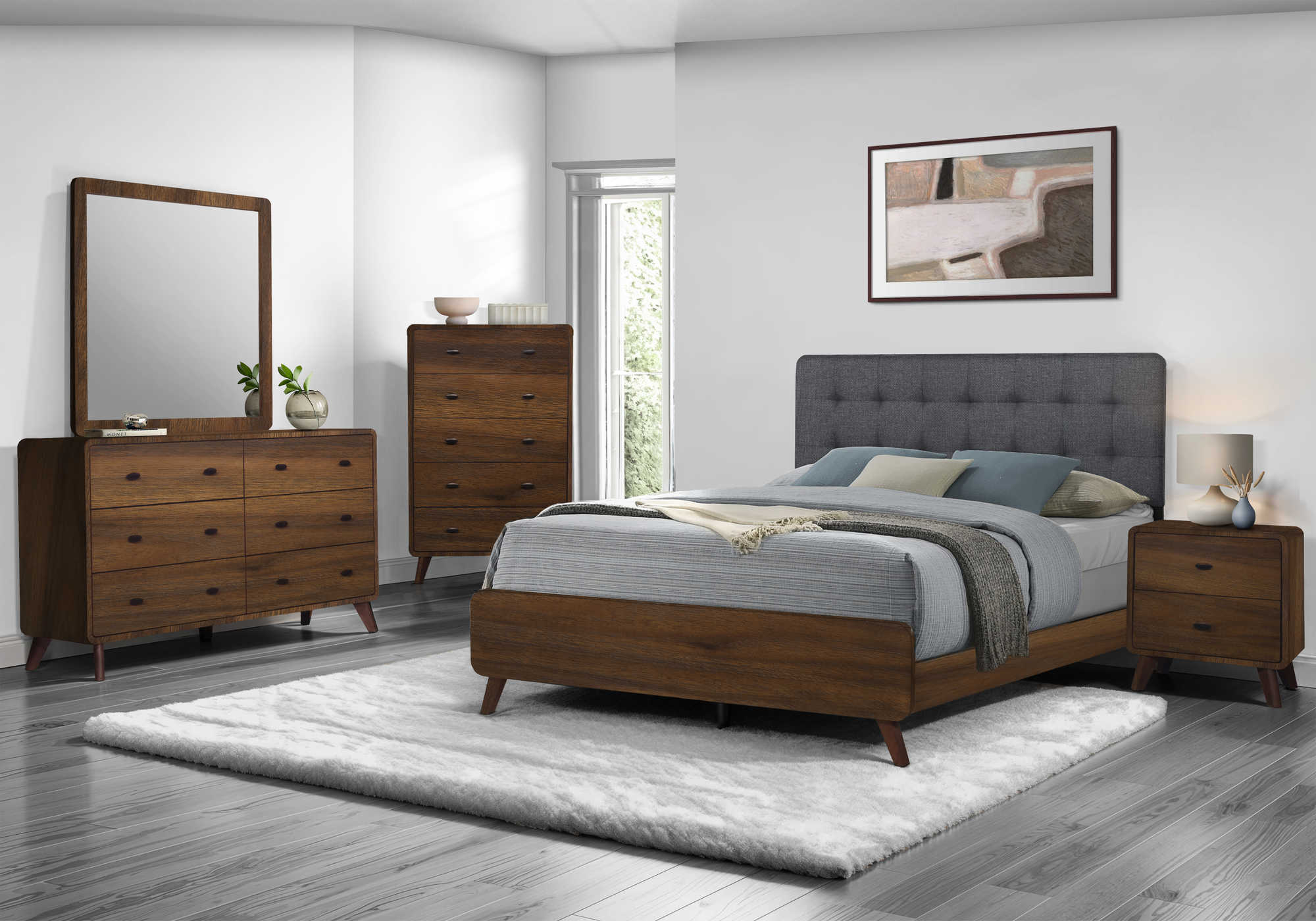 Bedroom Set - 5Pc - QUEEN SIZE / GREY FABRIC WALNUT FINISH