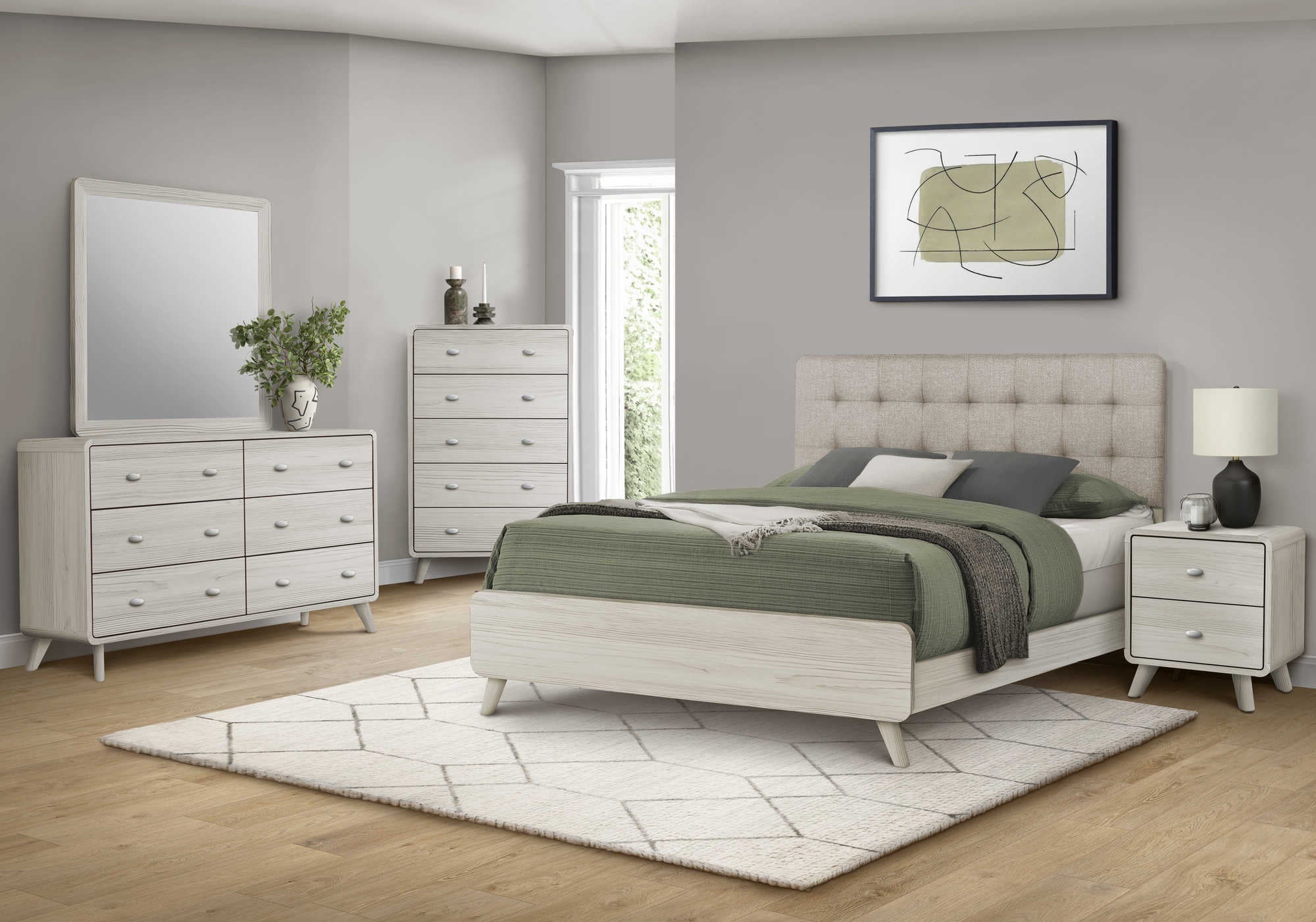 BEDROOM SET - 5PC - QUEEN SIZE BEDROOM SUITE / BEIGE FABRIC GREY OAK FINISH