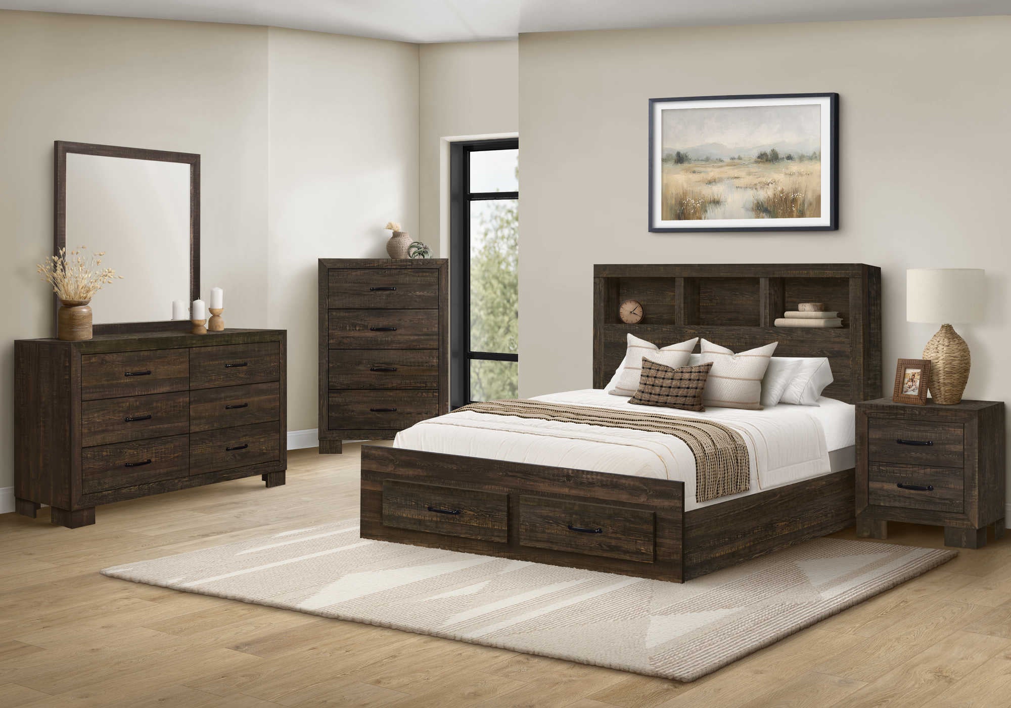 BEDROOM SET -  5Pc - QUEEN SIZE BED / RUSTIC OAK WOOD FINISH