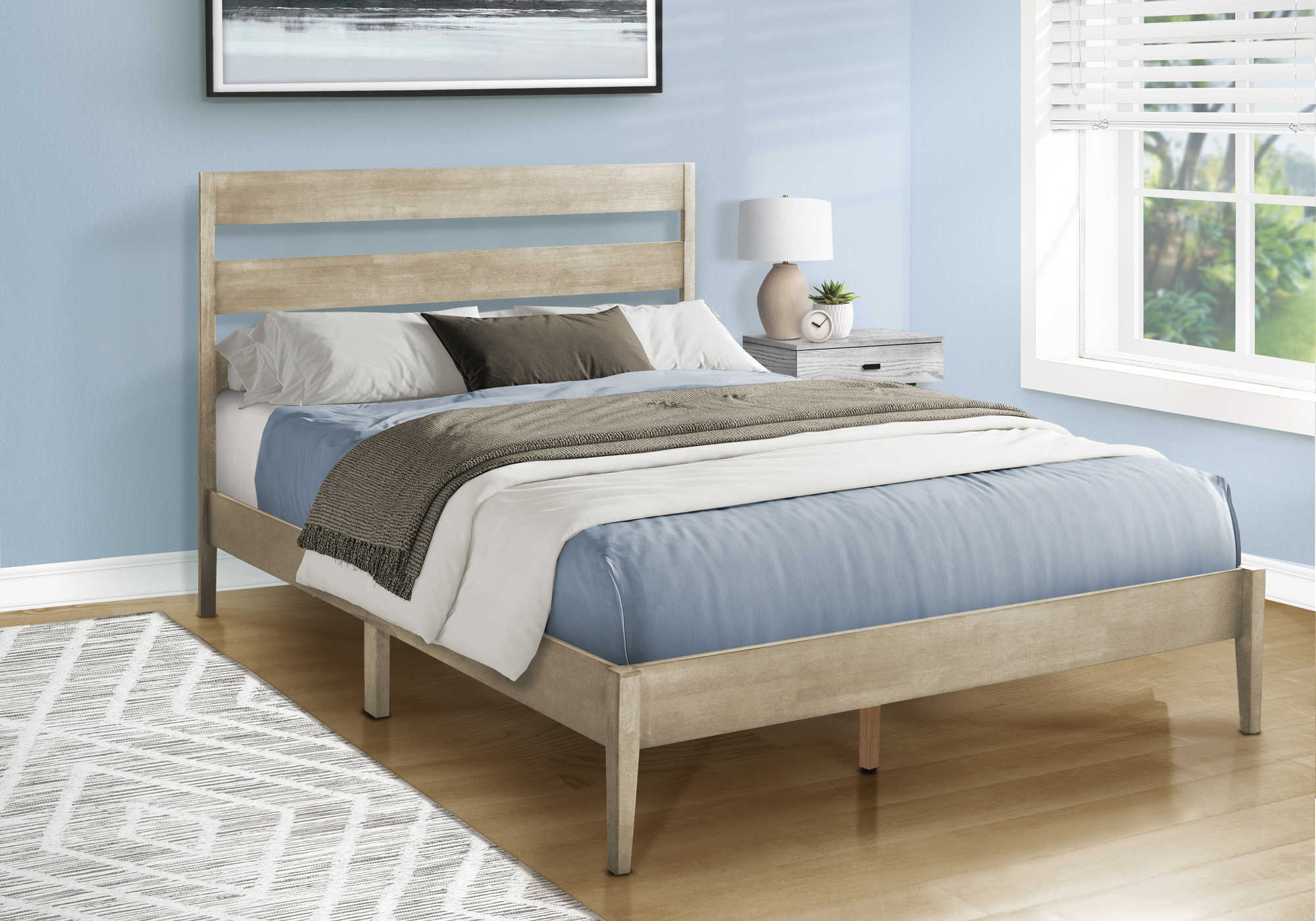 I 6065Q - BED FRAME - QUEEN SIZE / GREY SOLID WOOD PLATFORM