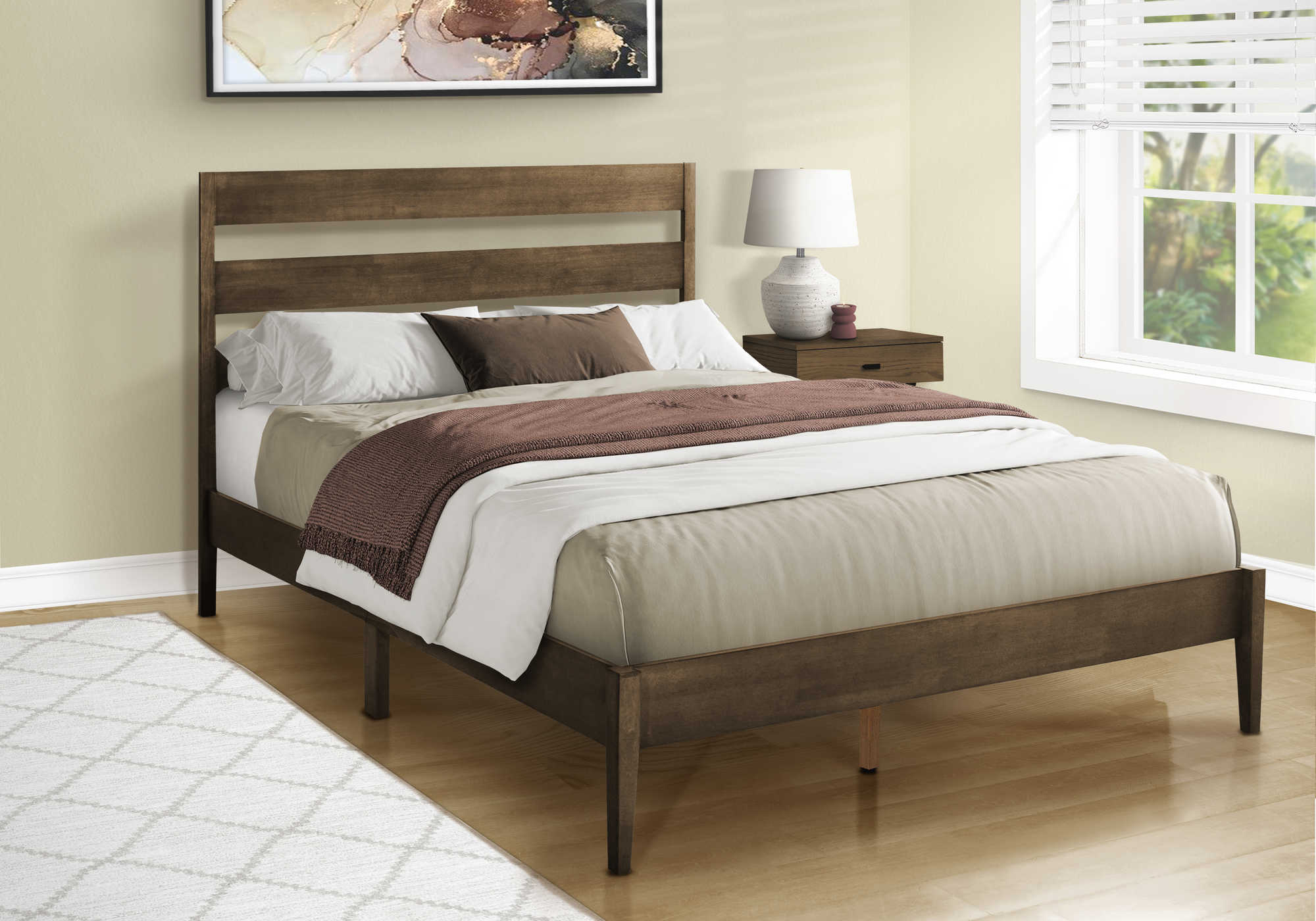 I 6066Q - BED FRAME - QUEEN SIZE / WALNUT SOLID WOOD PLATFORM