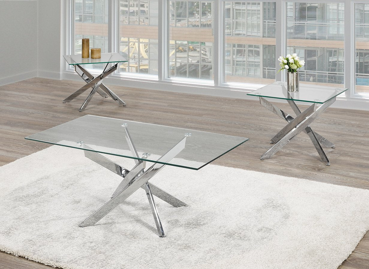 IF - 2576 - 3Pc Coffee Table Set - Glass Table Top with Stainless Steel Legs By International Furniture