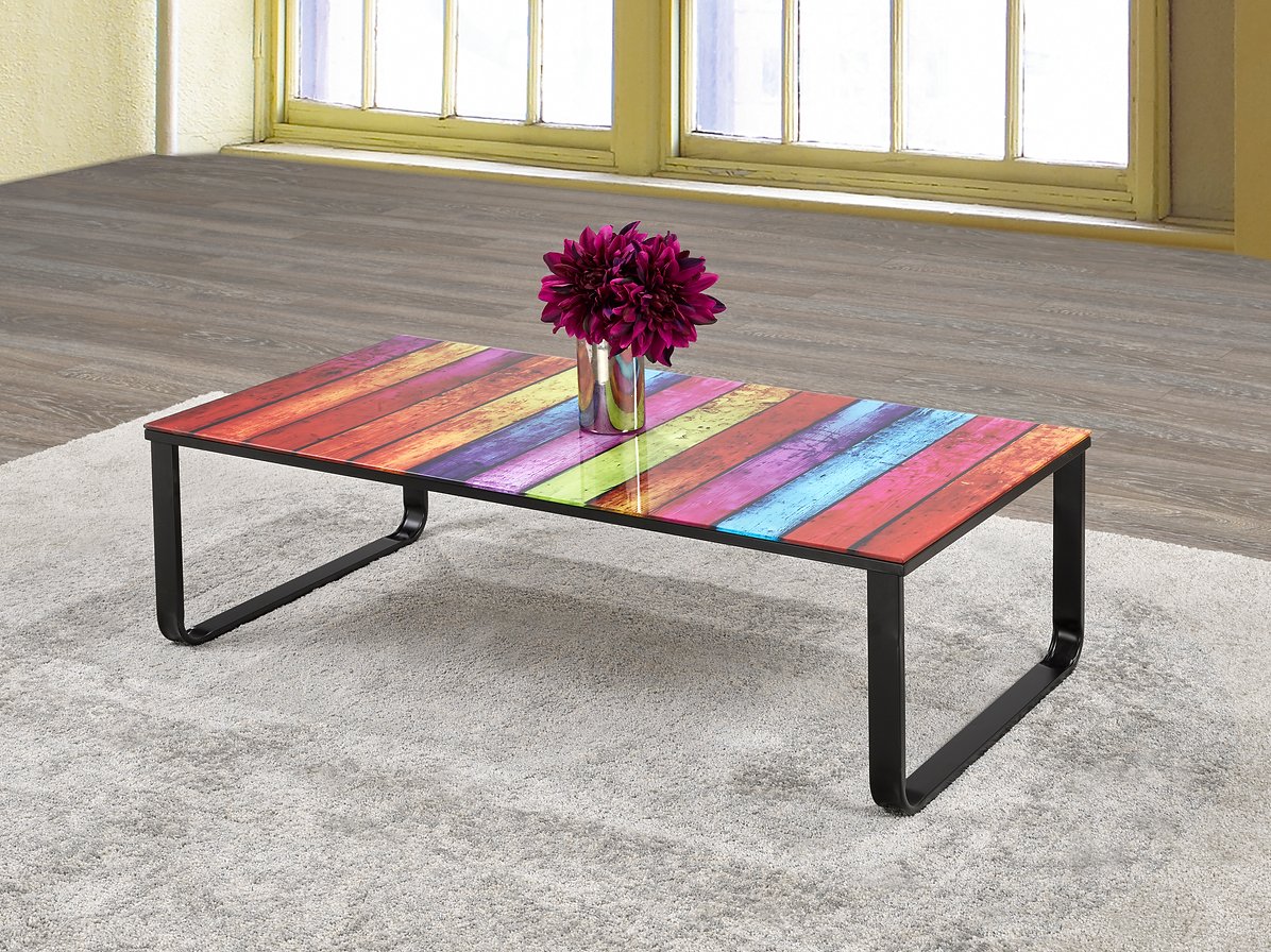 IF-2676- Coffee Table - Colourful Glass Table Top with Black Metal Legs By International Furniture