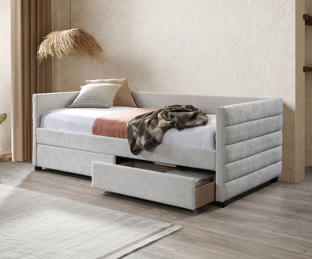 IF-302 - Single Day Bed in Light Grey Textured Fabric