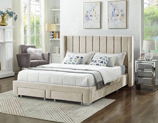 IF-5312 - Creme Velvet Fabric Wing Bed with Deep Tufting and Chrome Legs in King By International Furniture