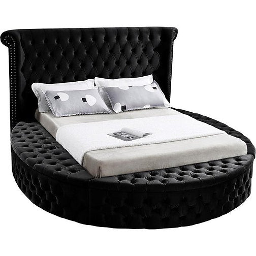 IF-5773 - Queen Bed in Black Velvet Fabric with Deep Button Tufting and 3 Storage Benches by International Furniture