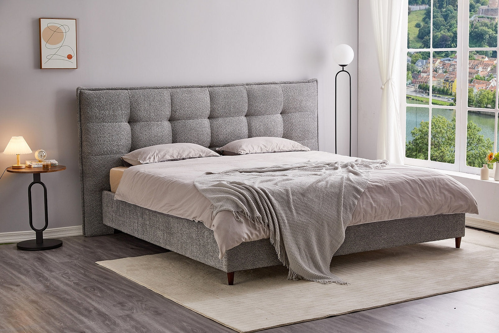 IF-5940 - Queen Platform Bed Frame in Grey Boucle Fabric