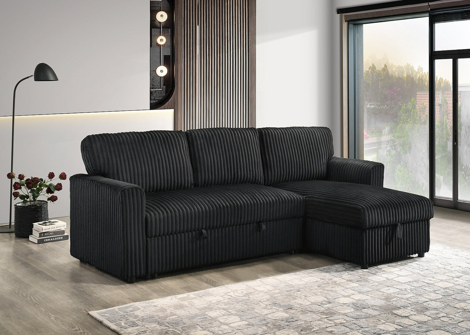 IF-9024 - Pull Out Sofa Bed with Reversible Chaise in Black Corduroy Fabric