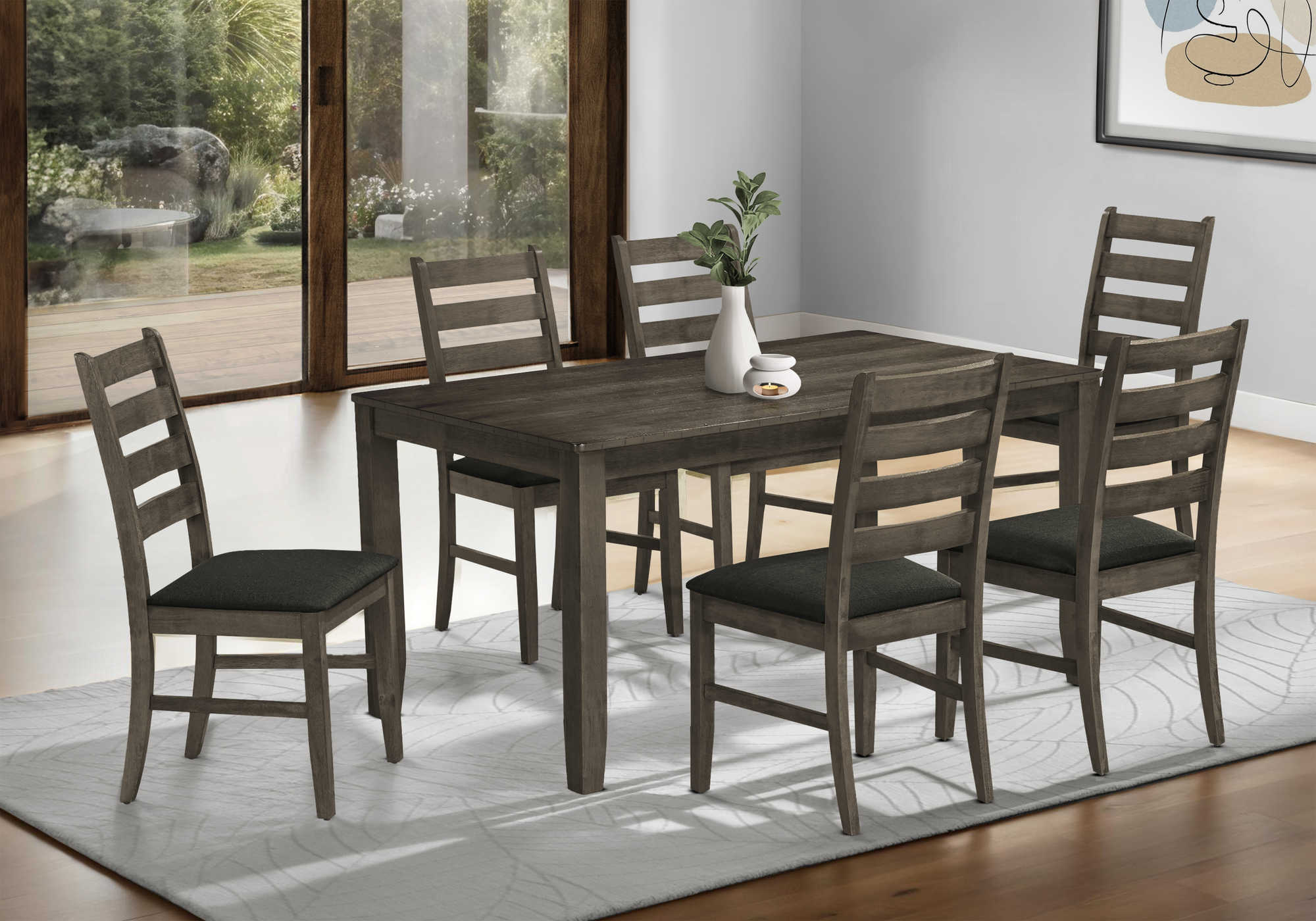 I 1346 / I 1347 - DINING TABLE - ANTIQUE GREY VENEER 36"X 60" / DINING CHAIR - 38"H UPHOLSTERED DARK GREY FABRIC