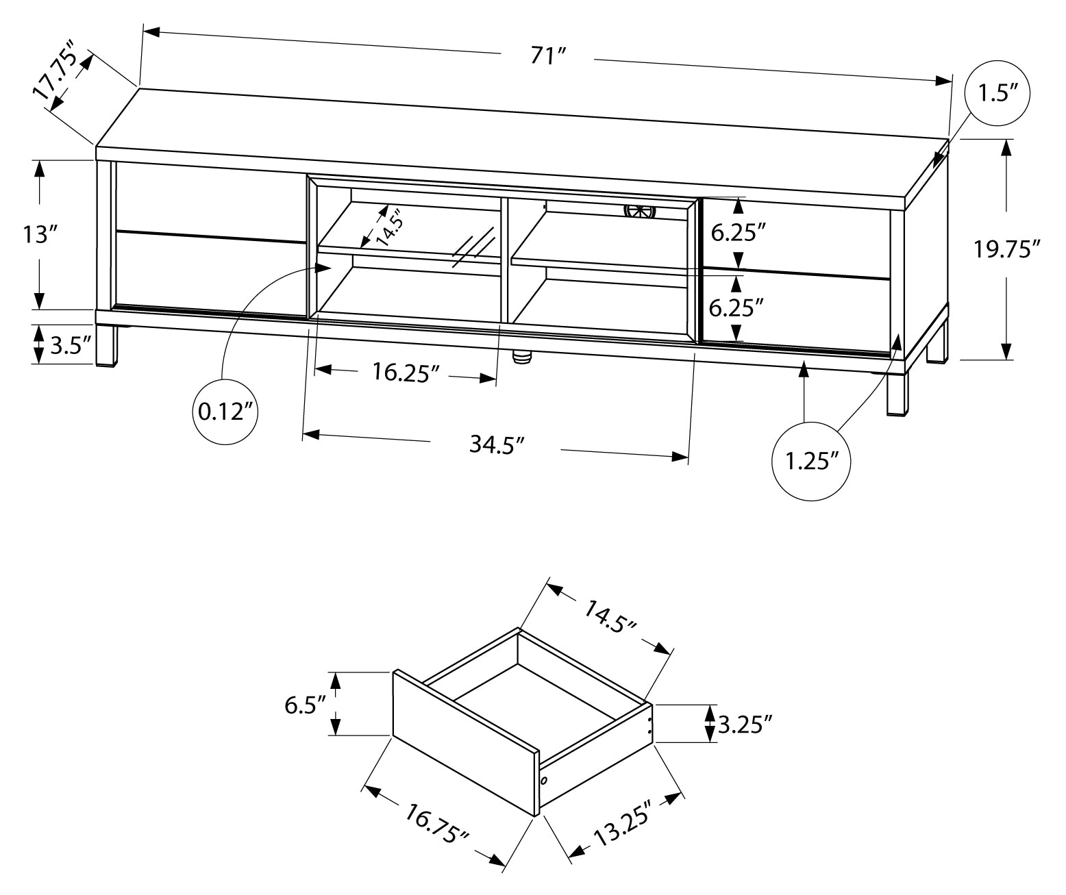 I 2537 - WHITE HOLLOW-CORE 70"L EURO TV CONSOLE BY MONARCH SPECIALTIES INC