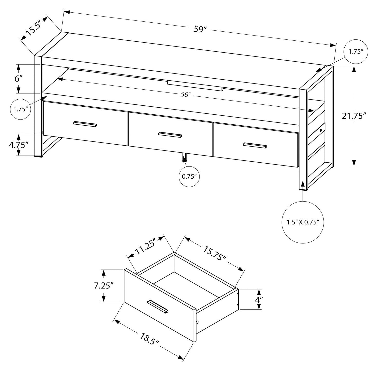 I 2821 TV STAND - 60"L / GREY RECLAIMED WOOD-LOOK / 3 DRAWERS BY MONARH SPECIALTIES INC