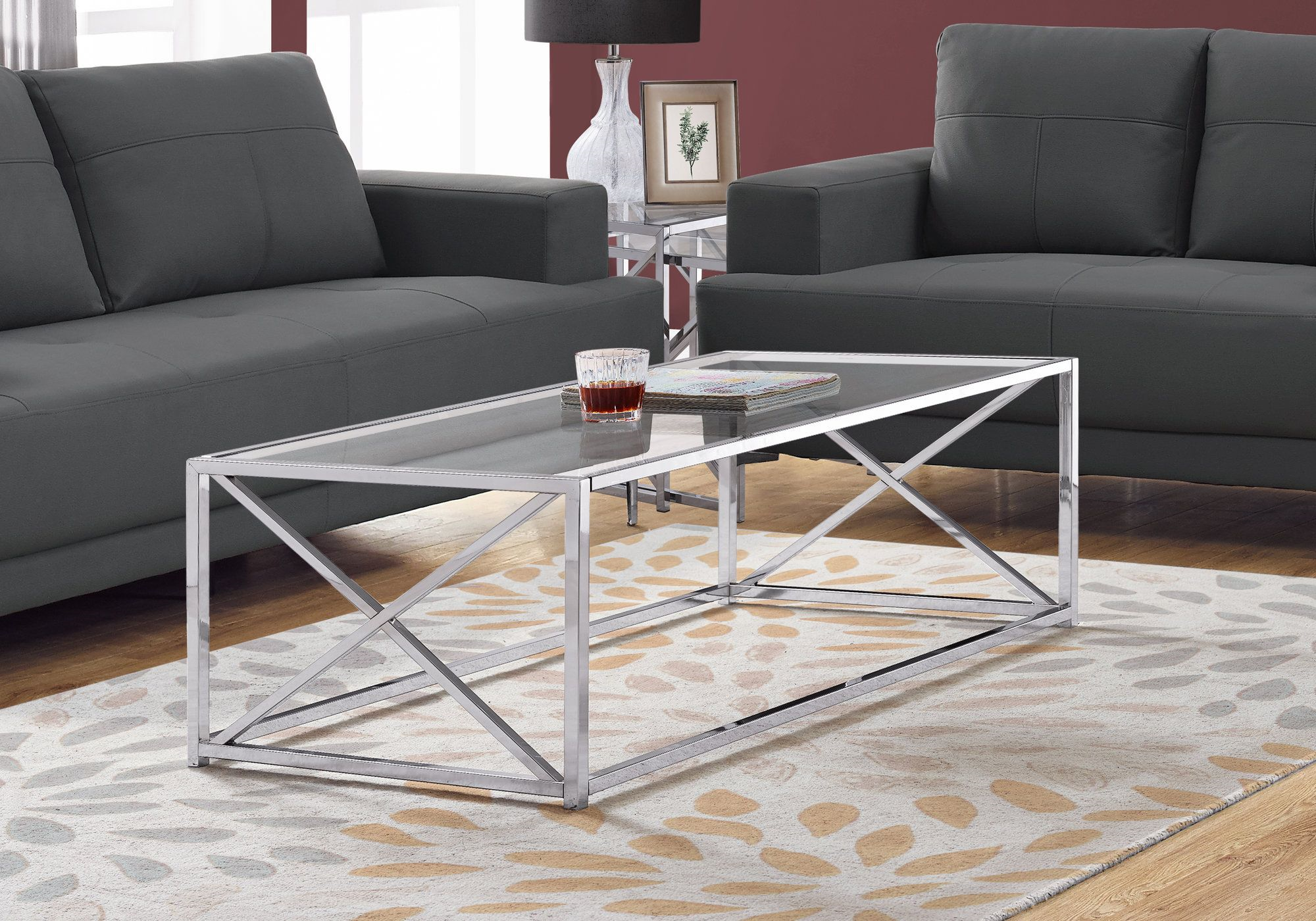 I 3440 - COFFEE TABLE - 44"L / CHROME METAL WITH TEMPERED GLASS By Monarch Specialites Inc