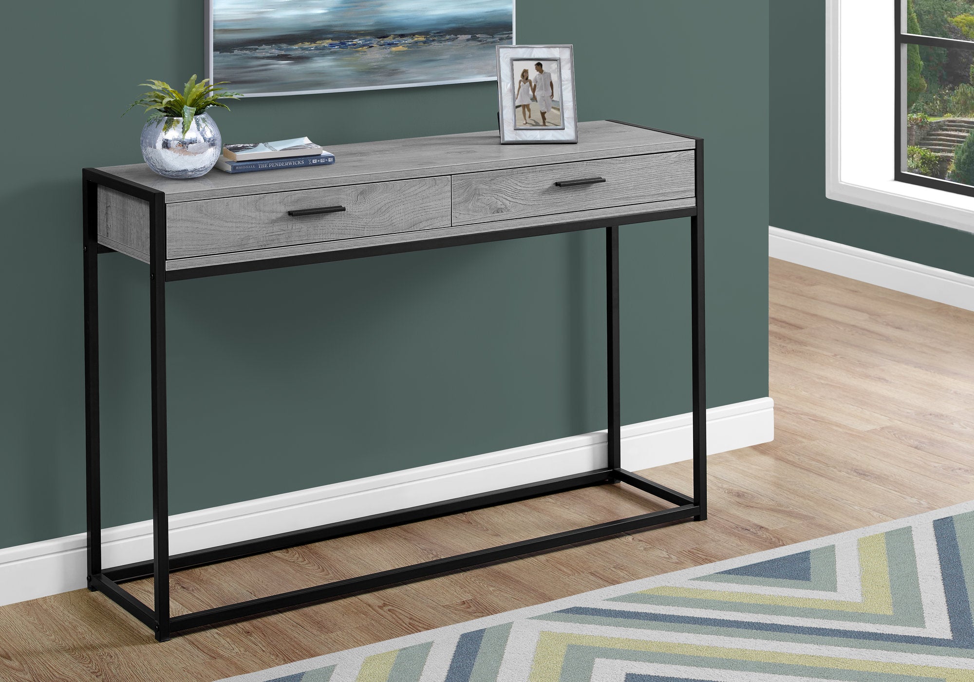 I 3510 - ACCENT TABLE - 48"L / GREY / BLACK METAL HALL CONSOLE