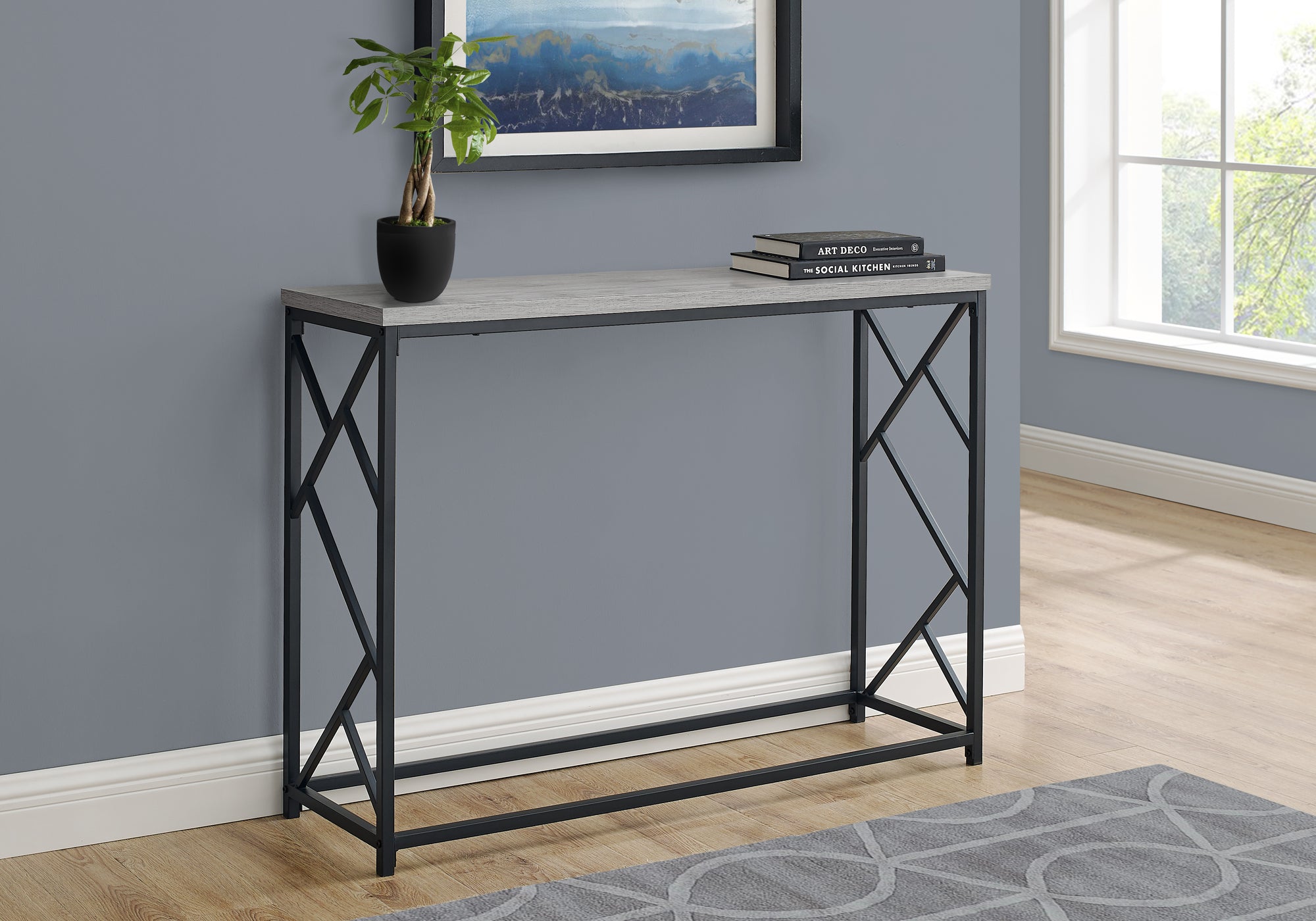 I 3532 - ACCENT TABLE - 44"L / GREY / BLACK METAL HALL CONSOLE BY MONARCH SPECIALTIES INC