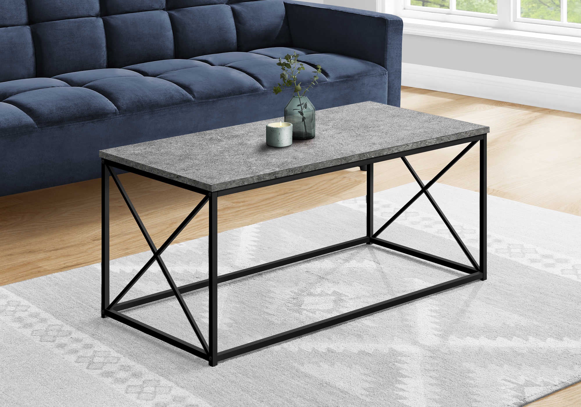 I 3785 - COFFEE TABLE - 40"L / GREY STONE-LOOK / BLACK METAL BY MONARCH SPECIALTIES INC