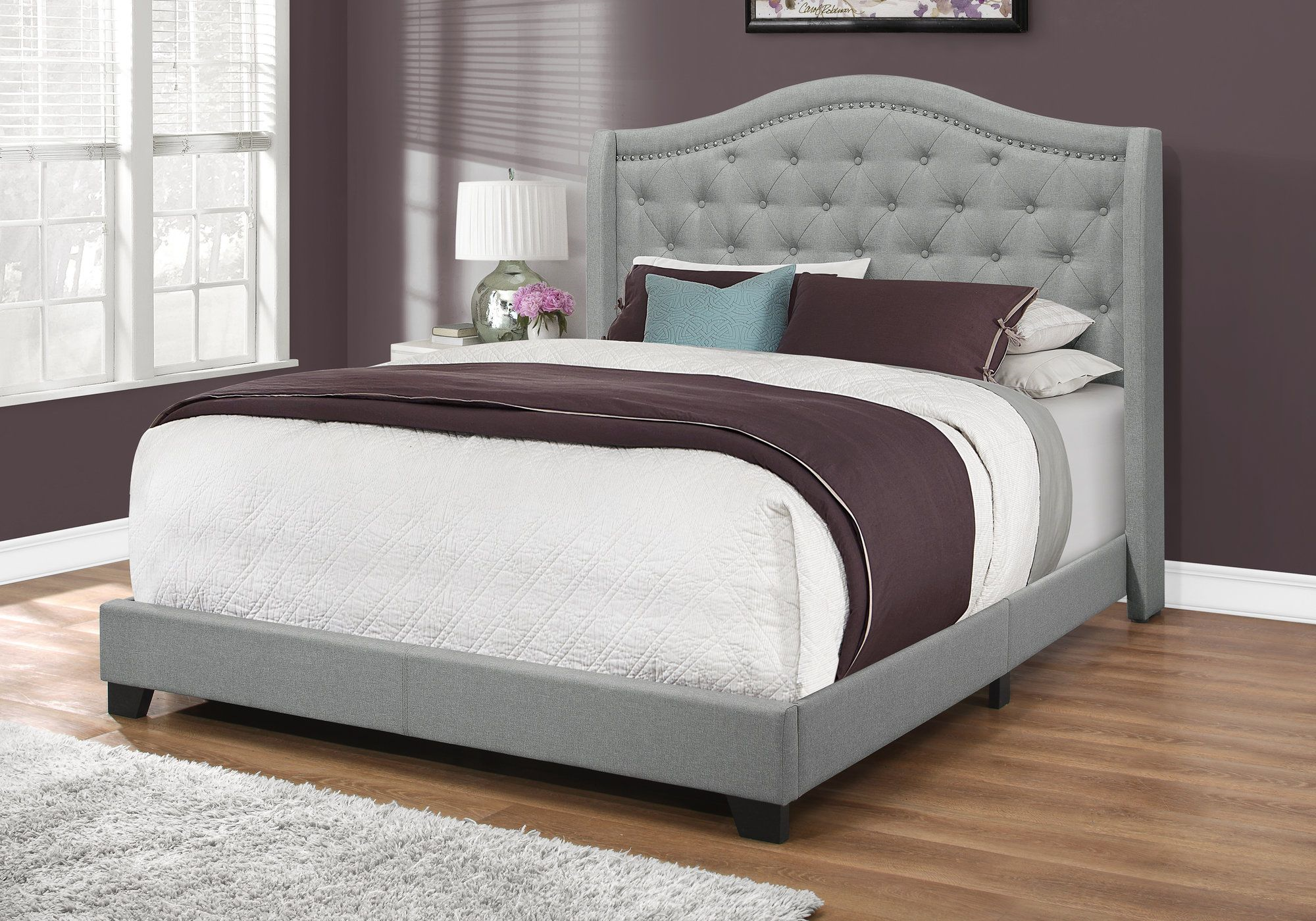 I 5966Q  - BED - QUEEN SIZE / GREY LINEN WITH CHROME TRIM BY MONARCH SPECIALTIES INC