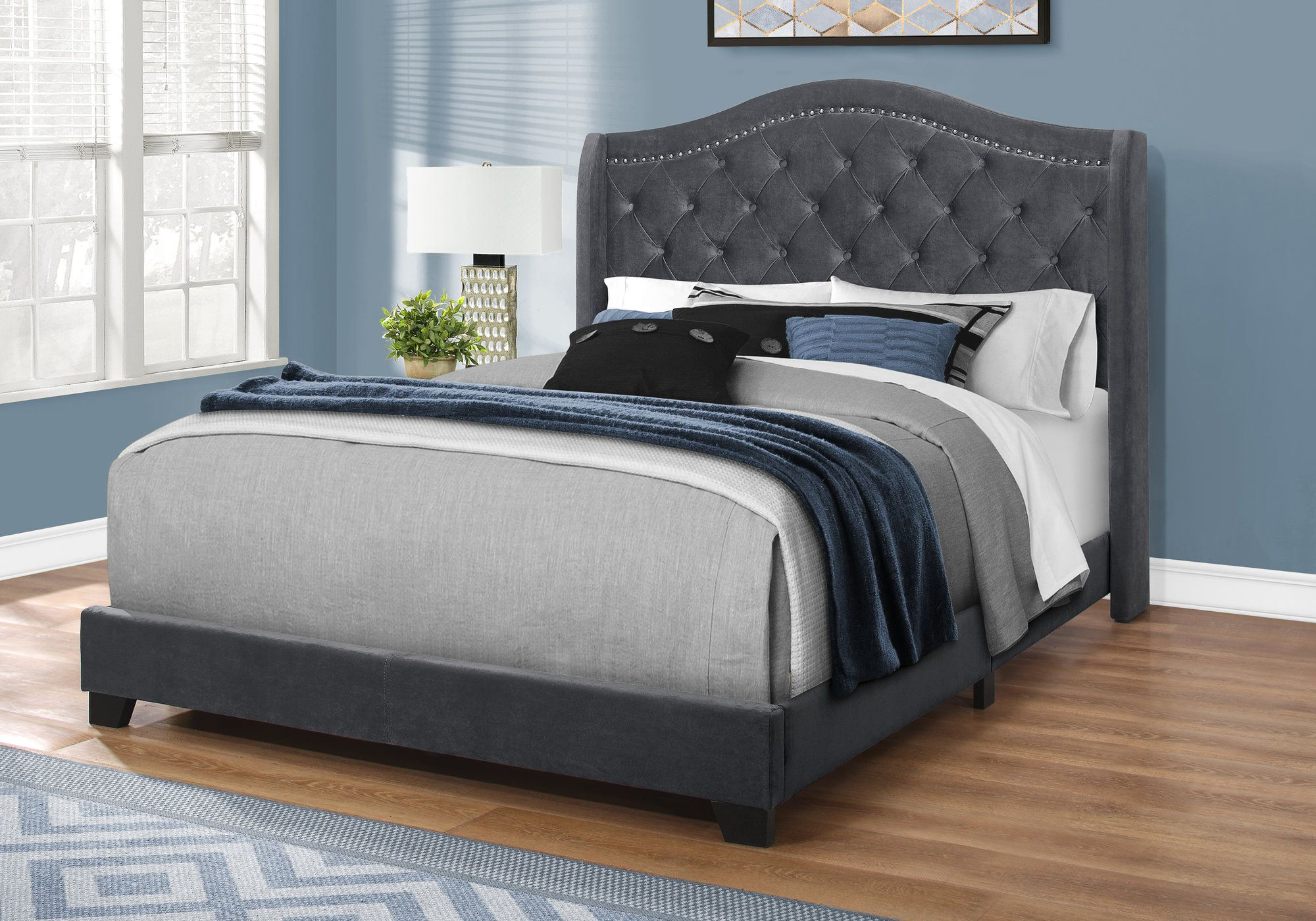 I 5968Q - BED - QUEEN SIZE / DARK GREY VELVET WITH CHROME TRIM BY MONARCH SPECIALTIES INC