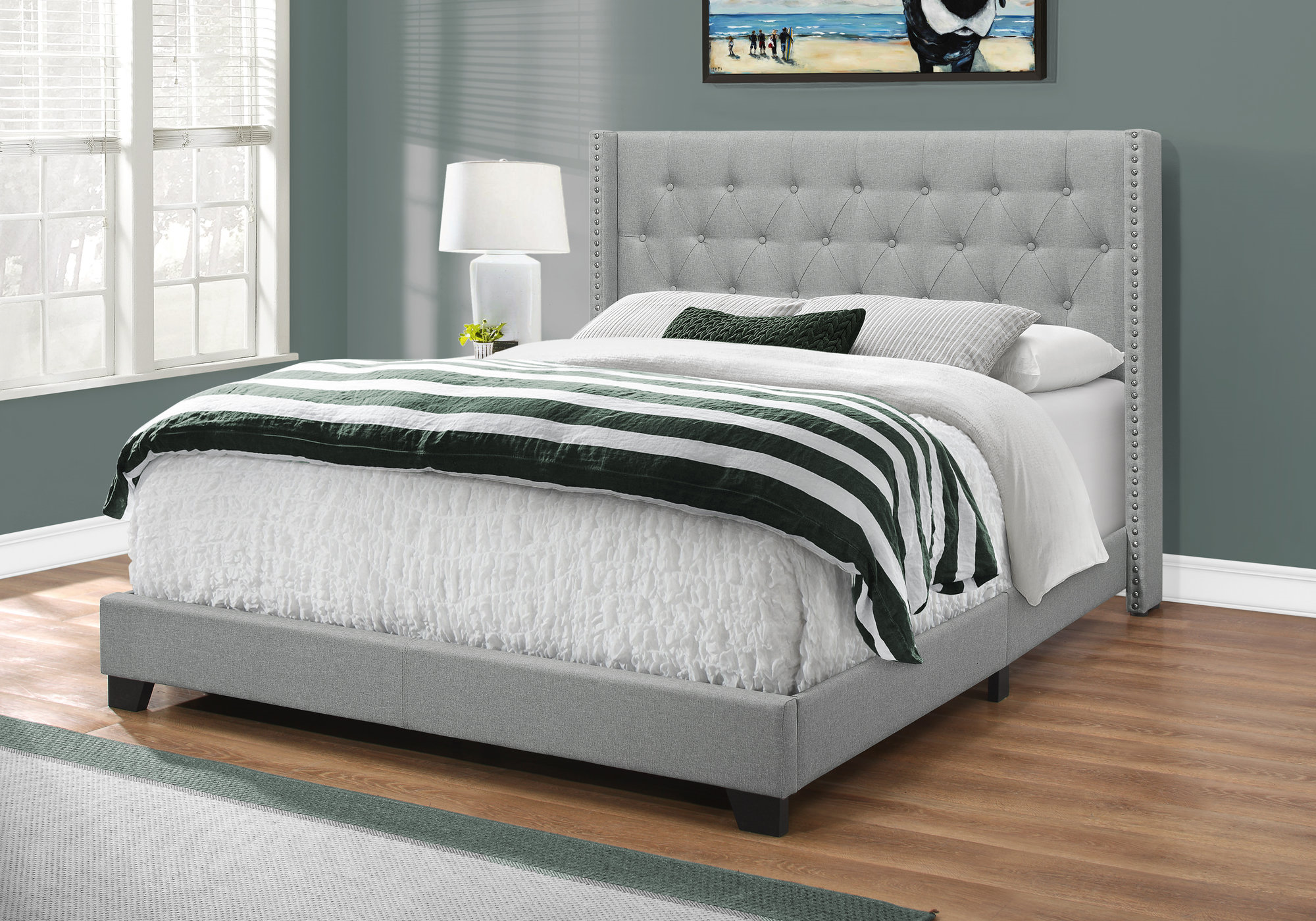 I 5984Q  BED - QUEEN SIZE / GREY LINEN WITH CHROME TRIM